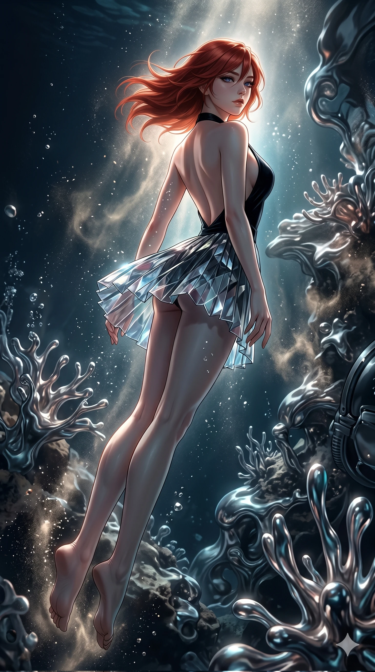 score_9, masterpiece, best quality, ultra-detailed, high-budget anime keyframe, Korean woman. low angle full-body shot filling the entire 9:16 frame with her statuesque presence, stretching the vertical silhouette. diving through a bionic fluid mercury reef where self-replicating liquid chrome corals pulse under dark ocean water. She has an absolutely perfect 8-heads proportion, an exceptionally tall and slender female figure with impossibly long slender legs and an ultra-slim waist. V-shaped jawline, high-bridge nose, intricate jewel-like eyes with depth, thick eyelashes, glossy lips with a natural sheen.. wearing a fractal glass pleated skirt and a backless black velvet halter neck top, creating a dramatic and elegant silhouette. illuminated by dramatic chiaroscuro casting soft shadows along her curves, with vibrant backlighting highlighting the dust particles. 2k, ultra detail, master piece, 9:16 ratio