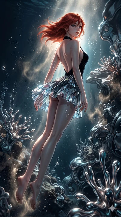 score_9, masterpiece, best quality, ultra-detailed, high-budget anime keyframe, Korean woman. low angle full-body shot filling the entire 9:16 frame with her statuesque presence, stretching the vertical silhouette. diving through a bionic fluid mercu