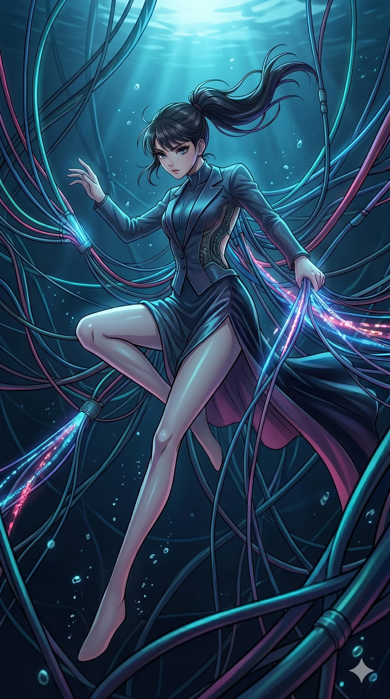 score_9, masterpiece, best quality, ultra-detailed, high-budget anime movie keyframe, cinematic anime lighting, intricate line art, Korean woman. Low angle cowboy shot capturing a powerful motion and statuesque presence. interfacing with a network of underwater cables in a diving suit. She has an absolutely perfect 8-heads proportion, an exceptionally tall and slender female figure with an ultra-slim waist and impossibly long slender legs. strictly human anatomy, two legs only, no extra limbs, clearly defined legs and arms, perfect anatomy, perfect hands and fingers. sharp v-shaped jawline, high-bridge nose, intricate jewel-like eyes, thick eyelashes, glossy lips. Wearing High-Fashion Editorial: Silk slip dress with high side slit, backless velvet gown, and structured blazer with nothing underneath. The scene is illuminated by dramatic atmospheric lighting and vibrant color palettes. , 2k, ultra detail, master piece, 9:16 ratio