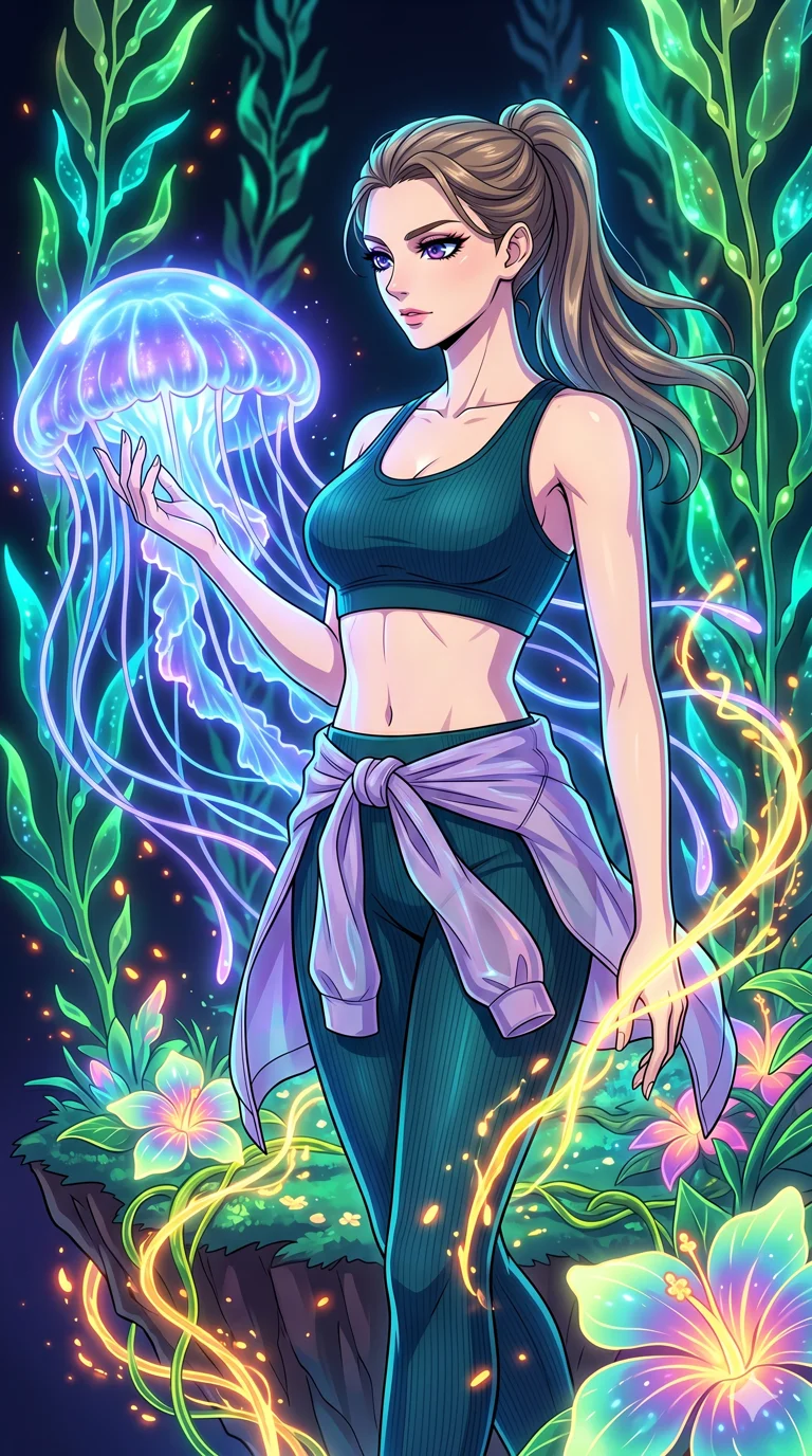 score_9, masterpiece, best quality, ultra-detailed, High-budget Anime Keyframe, vibrant colors, fluid line-art, expressive lighting, cinematic composition, Ufotable-style visual effects, top-tier animation quality, Caucasian woman with pale skin and refined features. Upper body close-up from the thighs up, character filling the screen for maximum presence. Guiding a massive bioluminescent jellyfish through a forest of glowing kelp. She has an absolutely perfect 8-heads proportion, an exceptionally tall and slender female figure with impossibly long slender legs and an ultra-slim waist, her statuesque height and towering silhouette dominating the vertical 9:16 frame. Her face is a masterpiece featuring a sharp v-shaped jawline, high-bridge nose, intricate jewel-like eyes with depth, thick eyelashes, and glossy lips with a natural sheen. She is wearing a Premium ribbed leggings with a matching cross-back sports bra, semi-transparent windbreaker tied around the waist, and an exposed midriff.. The scene is set in a floating island covered in giant glowing flowers and vines of pure energy. 2k, ultra detail, master piece, 9:16 ratio