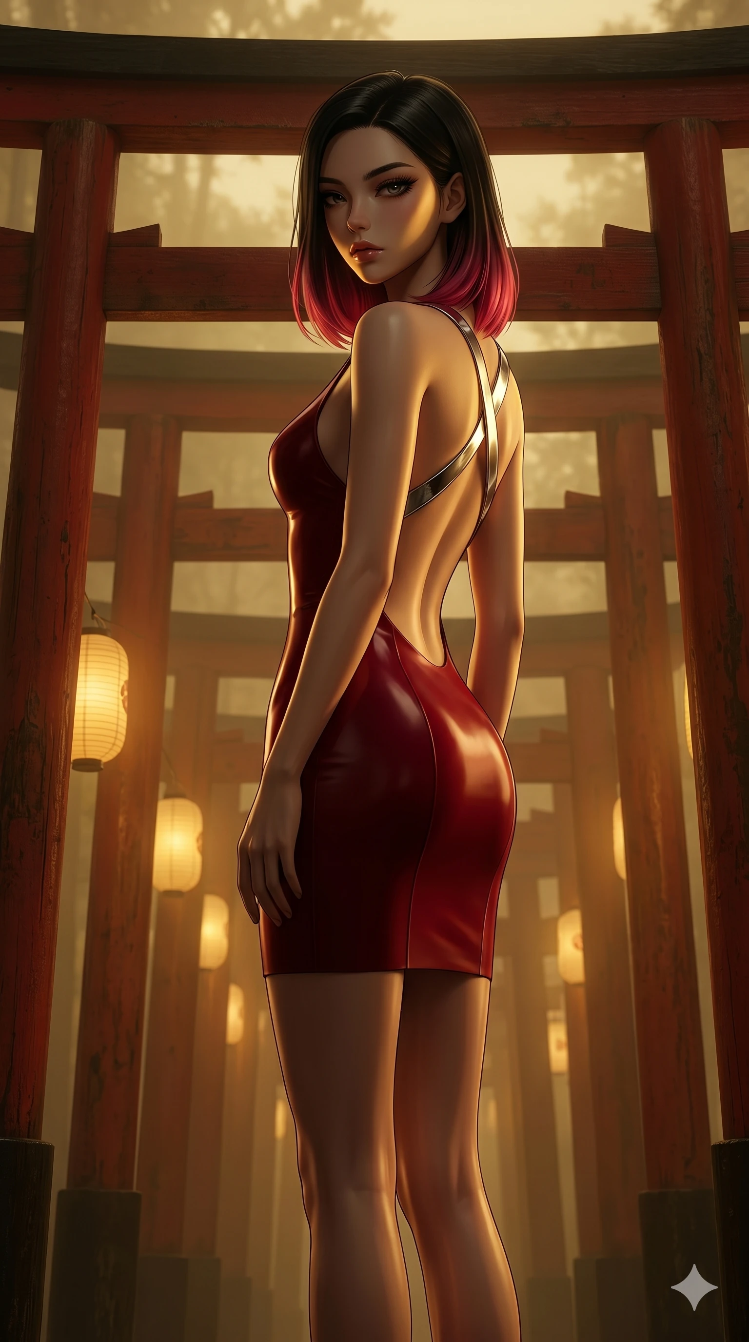 score_9, masterpiece, best quality, ultra-detailed, high-budget anime keyframe, editorial fashion photography, tasteful artistic composition, Korean woman. cowboy shot from the thighs up, character and outfit filling the frame for maximum editorial presence. Casting a slow, direct gaze beneath heavy lashes with quiet intensity amidst a Japanese torii gate forest with golden fog-lit lanterns. She has an absolutely perfect 8-heads proportion, an exceptionally tall and slender female figure with impossibly long slender legs and an ultra-slim waist. V-shaped jawline, high-bridge nose, intricate jewel-like eyes with depth, thick eyelashes, glossy lips with a natural sheen. wearing a structured deep-cherry-red fashion-latex fitted dress with a clean architectural front and a dramatic open-back design with a single criss-cross strap in chrome across the open-back design. lit by dramatic chiaroscuro with a single golden key light carving her facial contours and figure. 2k, ultra detail, master piece, 9:16 ratio