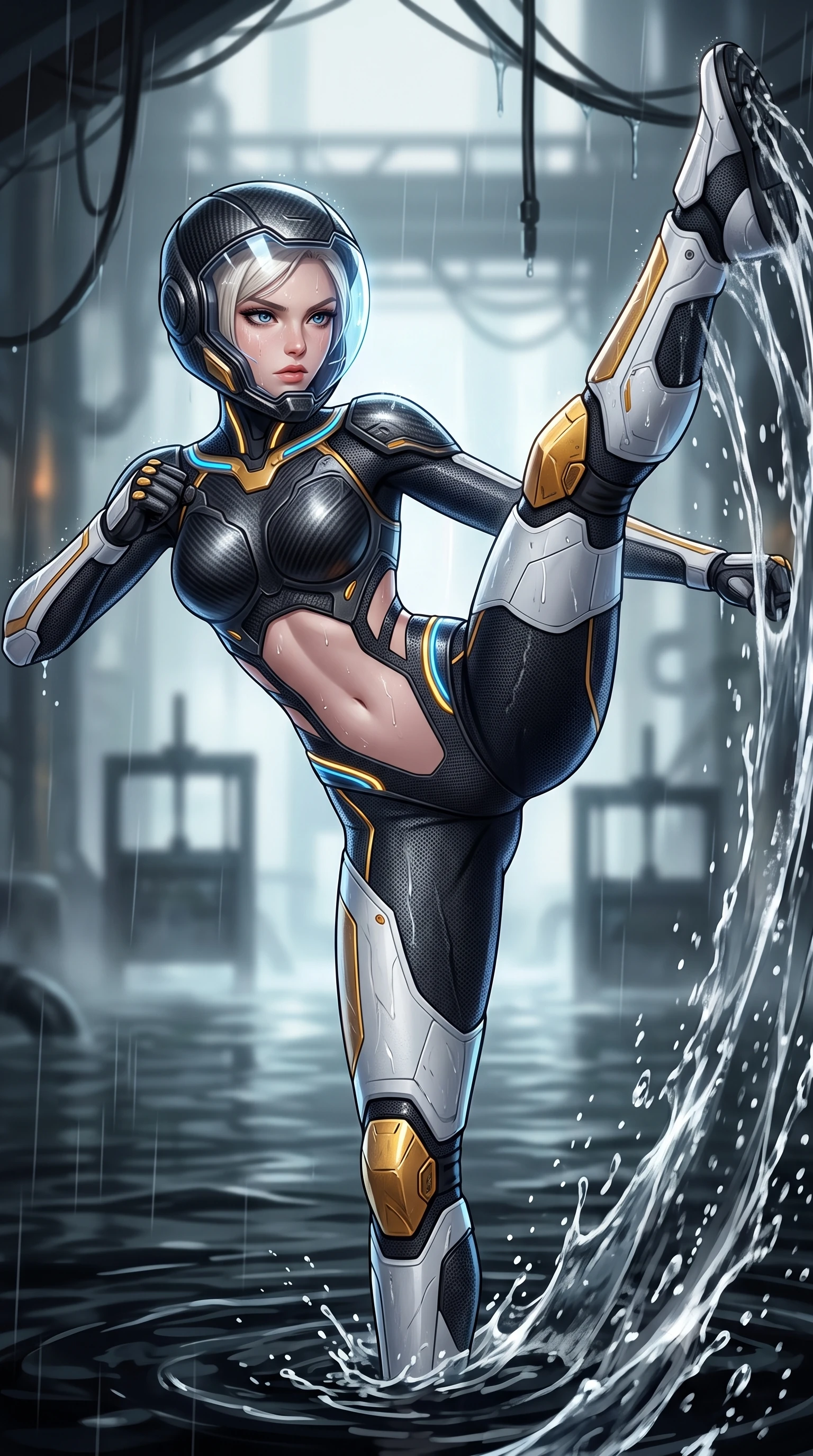 score_9, masterpiece, best quality, ultra-detailed, high-budget anime keyframe, semi-realistic 3D game render, editorial fashion photography, tasteful artistic composition, Caucasian woman. close-up cowboy shot from the waist and thighs up, the character dominates the composition, filling the frame with her large presence. tilting her head slightly with solemn warrior composure, sweat and rain glistening on her sculpted collarbones and high-bridge nose while executing a soaring 180-degree spinning hook kick above black industrial floodwaters with reinforced kinetic shin guards spraying water arcs. The composition keeps background elements in soft focus with creamy bokeh. submerged industrial sluice gates and dripping overhead conduits softened in atmospheric shallow focus. She has an exceptionally elegant, slender, and willowy female figure with an ultra-slim waist, a gracefully sculpted slender torso, toned flat midriff, and a refined slim silhouette. sharp v-shaped jawline, high-bridge nose, intricate jewel-like eyes with depth, thick eyelashes, glossy lips with a natural sheen, fierce and resolute heroine expression, flawlessly proportioned anatomical accuracy, strict slender model proportions, natural body alignment, perfectly sculpted long slender limbs, ultra-slim waistline, clean dynamic posture without body distortion. wearing an open-face aerodynamic carbon-fiber combat helmet with a retracted transparent holographic HUD visor framing her sharp jawline and jewel-like eyes, paired with a form-contouring high-mobility battle-suit featuring sculpted carbon chest plating, diagonal midriff ventilation cutouts, and kinetic knee vambraces in arctic white carbon composite with scratched solar gold armor plating, tailored from flexible second-skin ballistic carbon-mesh adhering flawlessly to her athletic build, accented with glowing fiber-optic telemetry conduits tracing her collarbones and hip curves, the sleek second-skin cut tightly hugging her graceful clavicle, narrow waist, and feminine curves with athletic precision. surrounded by an agile, lethal, and breathtakingly athletic aquatic infiltration operative aura. rich saturated anime colors with glowing neon highlights, detailed shading with soft gradients, rich glossy textures, high-contrast stereoscopic depth, volumetric dynamic lighting, master piece, 9:16 ratio