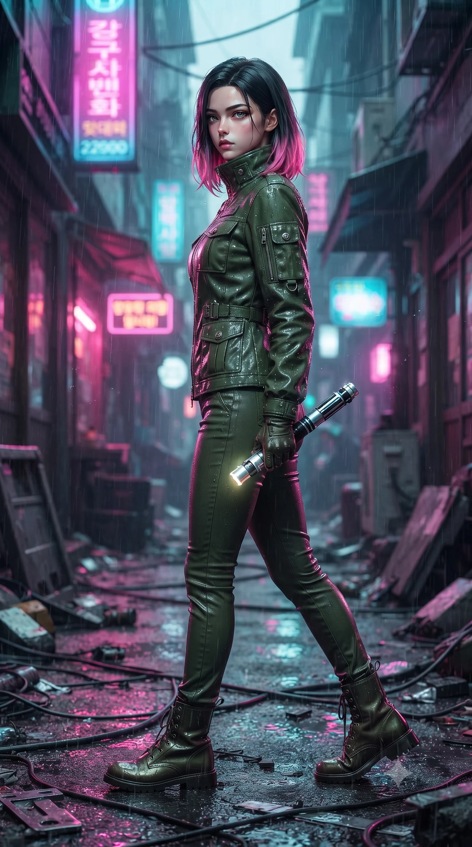 score_9, masterpiece, best quality, ultra-detailed, high-budget anime keyframe, editorial fashion photography, tasteful artistic composition, Korean woman. low angle full-body shot from head to toe showing her feet, filling the entire 9:16 vertical frame with her statuesque presence, stretching her vertical silhouette. stepping gracefully through battlefield debris with a glowing saber hilt in hand, looking back over her shoulder, the background shows a soft-focus a rain-slicked cyberpunk back alley illuminated by flickering neon signs. She has an absolutely perfect, statuesque 8.5-heads proportion, an exceptionally tall and slender model-like female figure with impossibly long slender legs and an ultra-slim waist. sharp v-shaped jawline, high-bridge nose, intricate jewel-like eyes with depth, thick eyelashes, glossy lips with a natural sheen. wearing a slim-fit protective combat pilot jacket in deep olive green, featuring a high collar, utility pockets, and straight-fit trousers. intense magenta and cyan neon lights reflecting off the wet asphalt surface. ultra-reflective glossy finish, specular highlights, metallic sheen, high-contrast stereoscopic depth, volumetric dynamic lighting, 2k, ultra detail, master piece, 9:16 ratio