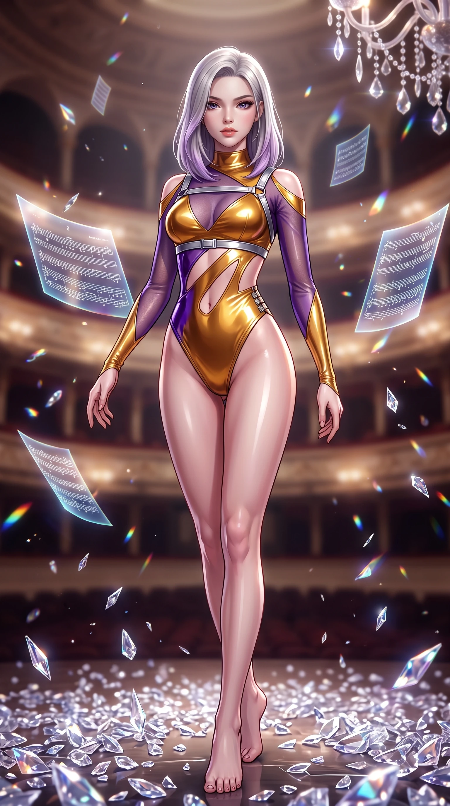 score_9, masterpiece, best quality, ultra-detailed, high-budget anime keyframe, semi-realistic 3D game render, editorial fashion photography, tasteful artistic composition, Caucasian woman. low angle full-body shot from head to toe showing her feet, filling the entire 9:16 vertical frame with her statuesque presence, stretching her vertical silhouette. pivoting dynamically in mid-motion with a breathtakingly alluring posture, displaying her flawless model proportions and ultra-slim waist while standing with regal posture amidst thousands of shattered crystal chandelier prisms on an opera stage. The composition keeps background elements in soft focus with creamy bokeh. floating holographic sheet music and chandelier refractions scattering light across a majestic backdrop. She has an absolutely perfect, statuesque 8.5-heads proportion, an exceptionally tall and slender model-like female figure with impossibly long slender legs and an ultra-slim waist. sharp v-shaped jawline, high-bridge nose, intricate jewel-like eyes with depth, thick eyelashes, glossy lips with a natural sheen, flawlessly proportioned anatomical accuracy, natural body alignment, perfectly sculpted elegant limbs, clean dynamic posture without body distortion. wearing an ultra-sleek high-cut tech-bodysuit featuring dangerous diagonal slitted cutouts on the midriff and shoulders, reinforced by a metallic silver harness and sheer mesh sleeves in lustrous molten gold and pure deep violet, formed from high-gloss patent material with specular light reflections, finished with an ultra-high side slit secured by miniature magnetic clasps, the glove-like fit tightly following every curve of her statuesque athletic build. surrounded by an opulent, dramatic, and intensely seductive high-culture editorial aura. highly saturated vibrant anime colors, detailed shading with soft gradients, rich glossy textures, high-contrast stereoscopic depth, volumetric dynamic lighting, master piece, 9:16 ratio
