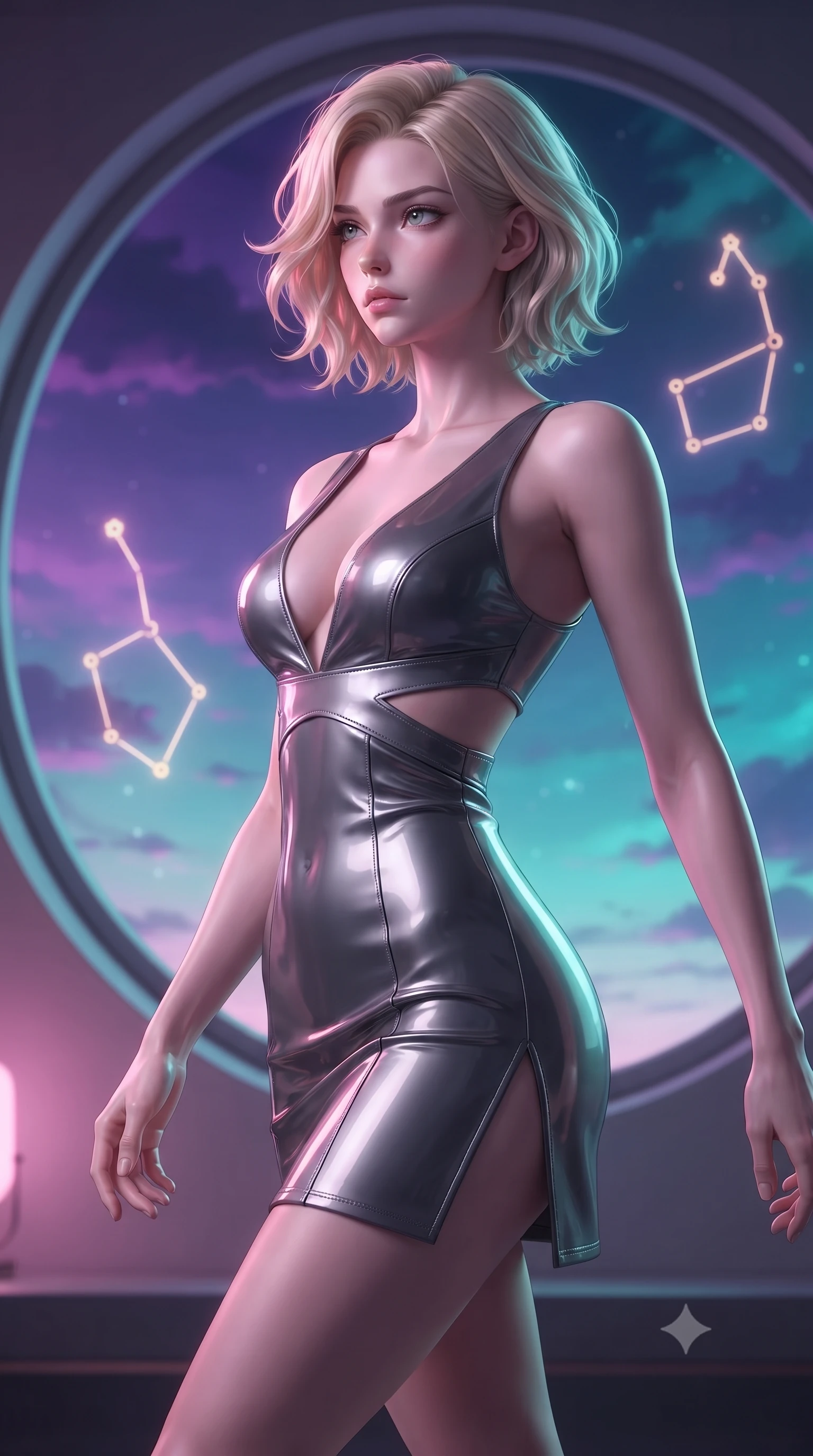 score_9, masterpiece, best quality, ultra-detailed, high-budget anime keyframe, editorial fashion photography, tasteful artistic composition, Caucasian woman. close-up cowboy shot from the waist and thighs up, the character dominates the composition, filling the frame with her large presence, background elements kept in soft focus. Gazing past the lens with composed intensity as her torso curves dynamically in mid-motion while gazing out a giant circular window at a twilight sky painted in purple and turquoise, glowing neon constellation lines floating in the air with vintage elegancy. She has an exceptionally elegant, slender, and willowy female figure with an ultra-slim waist, a gracefully sculpted slender torso, and a refined silhouette. sharp v-shaped jawline, high-bridge nose, intricate jewel-like eyes with depth, thick eyelashes, glossy lips with a natural sheen, flawlessly proportioned anatomical accuracy, natural body alignment, perfectly sculpted elegant limbs, clean dynamic posture without body distortion. wearing a liquid mercury gloss mini dress with ultra-deep V-neck and waist cutouts in charcoal grey and platinum, tailored from high-gloss patent leather, finished with a sleek side slit ascending to mid-thigh, the sleek second-skin texture accentuating her magnetic presence. bathed in soft pastel pink and turquoise neon glow with glossy chrome reflections. ultra-reflective glossy finish, specular highlights, metallic sheen, high-contrast stereoscopic depth, volumetric dynamic lighting, 2k, ultra detail, master piece, 9:16 ratio