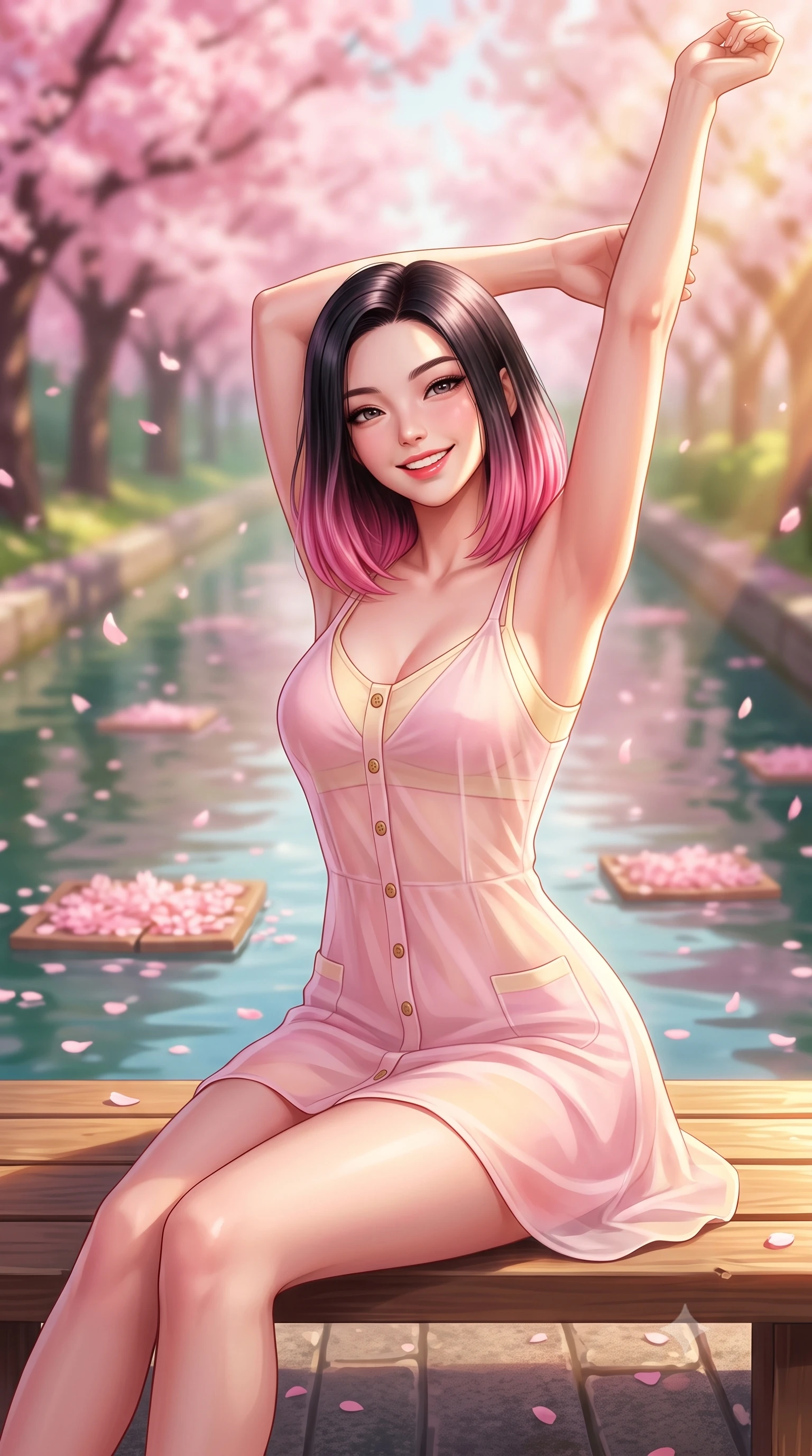 score_9, masterpiece, best quality, ultra-detailed, high-budget anime keyframe, semi-realistic 3D game render, editorial fashion photography, tasteful artistic composition, Korean woman. close-up cowboy shot from the waist and thighs up, the character dominates the composition, filling the frame with her large presence. playfully stretching one arm overhead toward the sun, her radiant smile capturing fresh girlhood charm while her arched torso reveals an intoxicating hip contour while sitting on a sunlit wooden bench beside the canal, her form-hugging outfit accentuating her narrow waist and curvy hips in the spring breeze. The composition keeps background elements in soft focus with dreamy creamy bokeh. swirling pink sakura cherry blossom canopies and floating petal rafts on water blurred into soft rose-pink, jade, and golden sunbeam bokeh. She has an exceptionally elegant, slender, and willowy female figure with an ultra-slim waist, flat toned midriff, narrow ribcage, and sculpted feminine hips creating an alluring, slim hourglass silhouette without bulk. sharp v-shaped jawline, high-bridge nose, intricate jewel-like sparkling eyes with depth, thick eyelashes, glossy parted lips with a natural peach sheen, bright cheerful beaming smile with an enchanting and coquettish sensual glint, exuding both youthful cute charm and seductive allure, flawlessly proportioned anatomical accuracy, strict slender model proportions, natural body alignment, perfectly sculpted long slender limbs, ultra-slim waistline, clean dynamic posture without body distortion. wearing a delicate semi-sheer chiffon sun-slip dress layered over a matching pastel bralette, hugging her slender waist and hips in sweet strawberry milk pink and butter yellow, crafted from soft breathable linen with effortless natural drape, finished with neat front wooden buttons and delicate pocket details, the form-fitting cut adhering flawlessly to her sculpted flat midriff and slender torso, emphasizing her long leg lines and perfectly proportioned willowy build. illuminated by calm water reflections sharply sculpting her sculpted cheekbones, ultra-slim waist, and curvy hips. highly saturated vibrant anime colors, detailed shading with soft gradients, rich glossy textures, high-contrast stereoscopic depth, volumetric dynamic lighting, master piece, 9:16 ratio