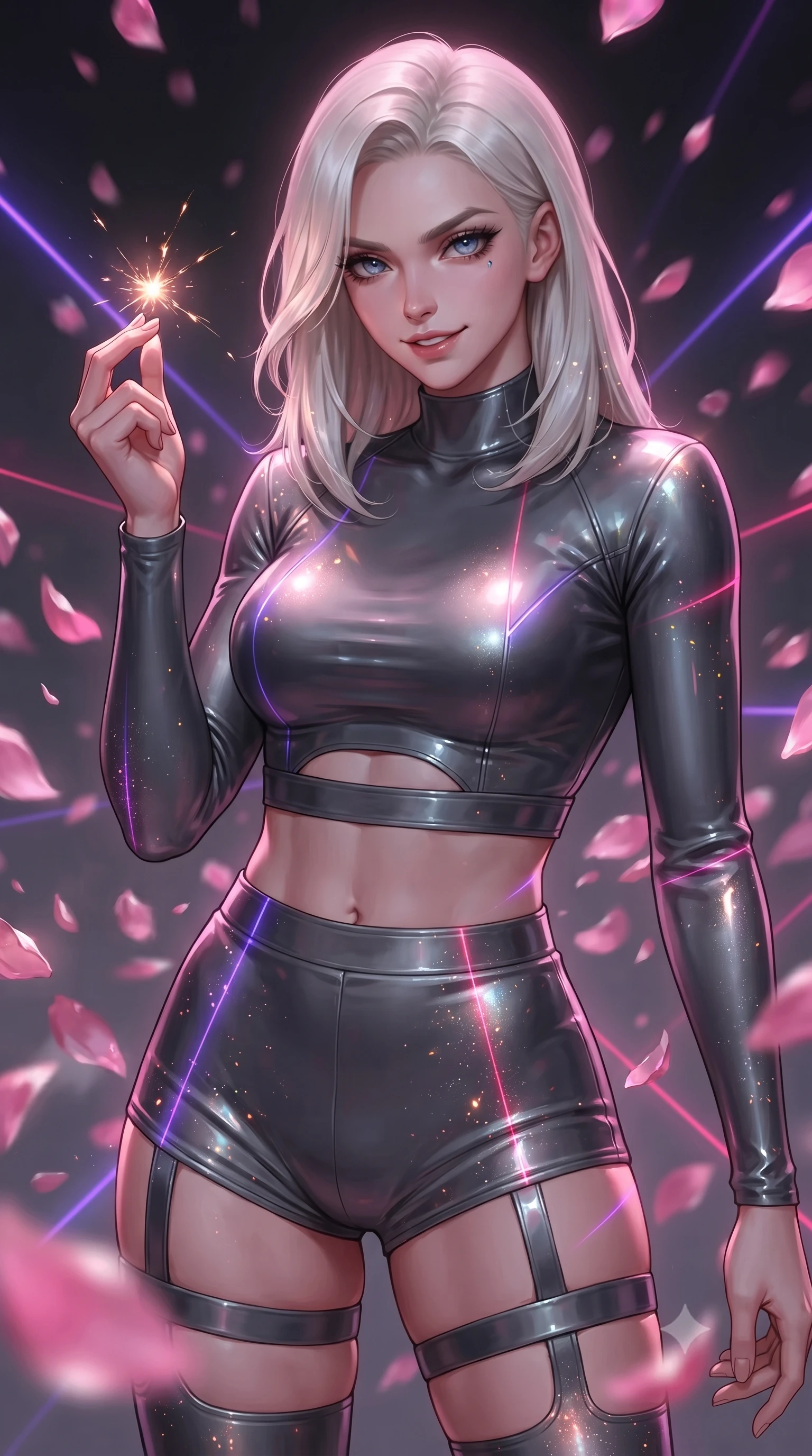 score_9, masterpiece, best quality, ultra-detailed, high-budget anime keyframe, editorial fashion photography, tasteful artistic composition, realistic cosplay photography, Caucasian woman, strictly human ears. close-up cowboy shot from the waist and thighs up, the character dominates the composition, filling the frame with her large presence, background elements kept in soft focus. Snapping a finger to ignite a spark of magic, lips parted in a self-assured smirk. set against a soft-focus background of a whirlwind of thousands of rose petals made of pink crystal, colliding and chiming like glass bells. She has an exceptionally elegant and slender, willowy female figure with an ultra-slim waist, a gracefully sculpted slender torso, and a refined slim physique. sharp v-shaped jawline, high-bridge nose, intricate jewel-like eyes with depth, thick eyelashes, glossy lips with a natural sheen. wearing catching and diffusing the glowing particles, shimmering softly in response to the surrounding light, a form-contouring cyber-tactical crop top in dark grey with a subtle waist cutout, paired with matching high-cut shorts and thigh straps. laser lines of violet and hot pink reflecting off surfaces casting geometric neon highlights. ultra-reflective glossy finish, specular highlights, metallic sheen, high-contrast stereoscopic depth, volumetric dynamic lighting, 2k, ultra detail, master piece, 9:16 ratio