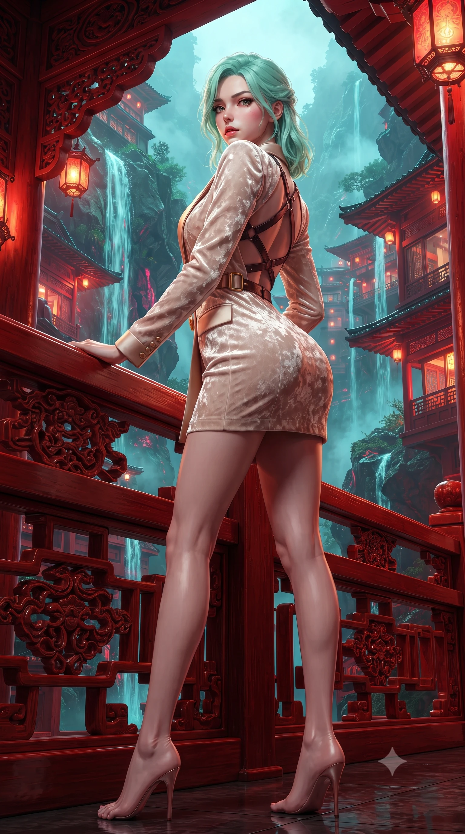 score_9, masterpiece, best quality, ultra-detailed, high-budget anime keyframe, editorial fashion photography, tasteful artistic composition, Japanese woman. low angle full-body shot from head to toe showing her feet, filling the entire 9:16 vertical frame with her statuesque presence, stretching her vertical silhouette. leaning deep against the structural architecture with hips cocked in an unapologetically bold, seductive high-fashion stance while leaning deep against the carved vermilion railing with hips cocked back, looking over her bare shoulder with bedroom-eyes as digital neon waterfalls cascade down carbon-fiber rock walls. The surrounding environment is rendered in vivid detail and crisp panoramic clarity. detailed dress fabric sheen, neon reflection clarity, and futuristic Jiufen mountain architecture in high resolution. She has an exceptionally tall and slender model-like 8.5-heads proportion, an ultra-slim waist, a flat toned midriff, narrow delicate ribcage, and beautifully sculpted feminine hips creating a graceful, slim hourglass silhouette without any bulky heaviness, with impossibly long slender legs. sharp v-shaped jawline, high-bridge nose, intricate jewel-like eyes with depth, thick eyelashes, glossy parted lips with a natural sheen, intensely captivating and seductive bedroom-eyes expression, flawlessly proportioned anatomical accuracy, strict slender model proportions, natural body alignment, perfectly sculpted long slender limbs, ultra-slim waistline, clean dynamic posture without body distortion. wearing a tailored velvet tuxedo jacket dress with satin lapels, worn with a deep plunge neckline and gold hip buckle in vintage champagne ivory and delicate rose gold, crafted from heavyweight crushed silk velvet with liquid vintage luster, featuring an open-back criss-cross harness strap in dark leather, the liquid-tight tailored fabric clinging flawlessly to her narrow waist and rounded feminine hips, emphasizing every millimeter of her sculpted slim hourglass curves without any bulky heaviness. bathed in rich crimson and amber lantern underlights contrasting with cool cyan mountain mist ambient fill. ultra-reflective glossy finish, specular highlights, rich textural contrasts, high-contrast stereoscopic depth, volumetric dynamic lighting, 2k, ultra detail, master piece, 9:16 ratio