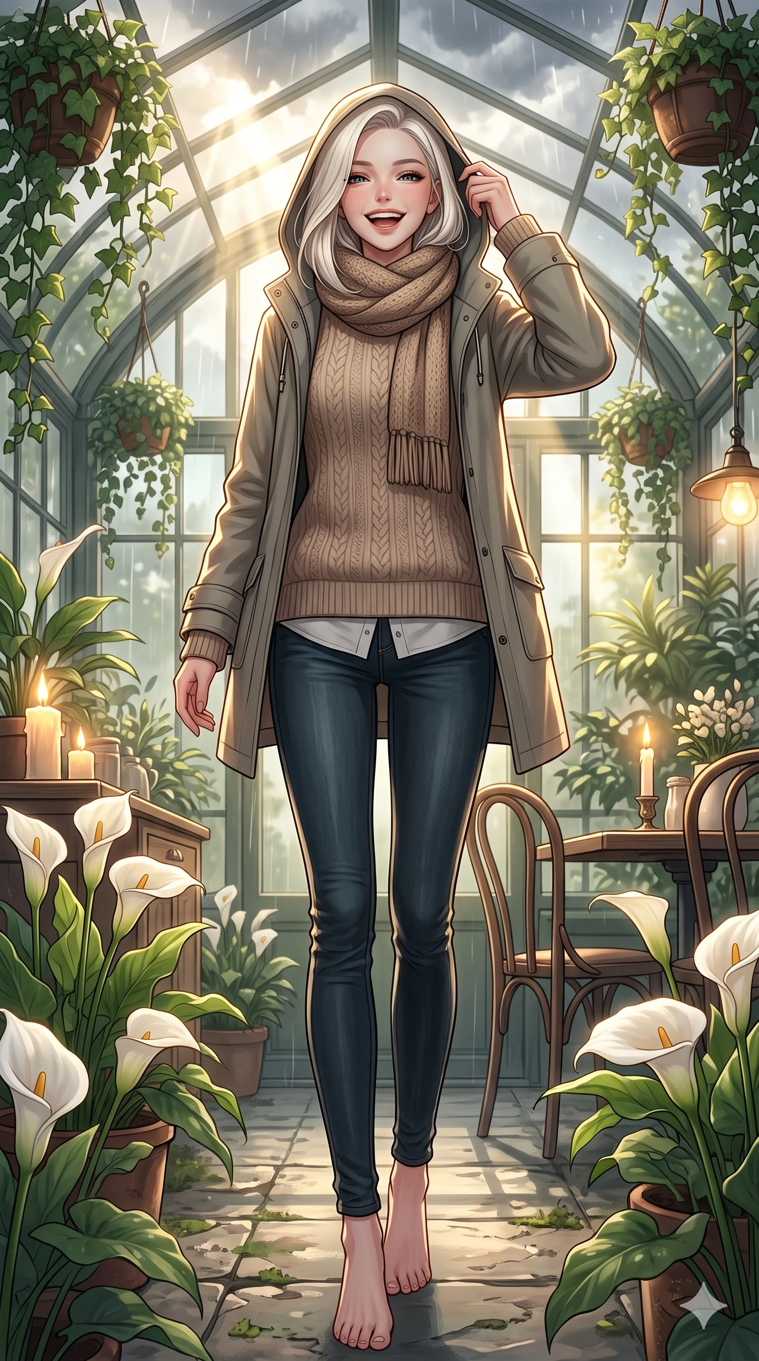 score_9, masterpiece, best quality, ultra-detailed, high-budget anime keyframe, vibrant anime aesthetic, Caucasian woman, strictly human ears. low angle full-body shot from head to toe showing her feet, filling the entire 9:16 vertical frame with her statuesque presence, stretching her vertical silhouette. She is adjusting her stylish raincoat hood, laughing with a radiant face, with a warm and inviting look with a gentle tilt of her head. inside a sunlit plant conservatory filled with white calla lilies and hanging ivy, as sunbeams pierce through storm clouds (Code-P22-009). She has an absolutely perfect 8-heads proportion, an exceptionally tall and slender female figure with impossibly long slender legs and an ultra-slim waist. V-shaped jawline, high-bridge nose, intricate jewel-like eyes with depth, thick eyelashes, glossy lips with a natural sheen. wearing an oversized warm sweater over a collared shirt and skinny jeans with a knitted scarf. She is illuminated by warm candlelight and soft gaslight from a cozy greenhouse cafe, tracing the elegant lines of her shoulders in the rainy afternoon. 2k, ultra detail, master piece, 9:16 ratio
