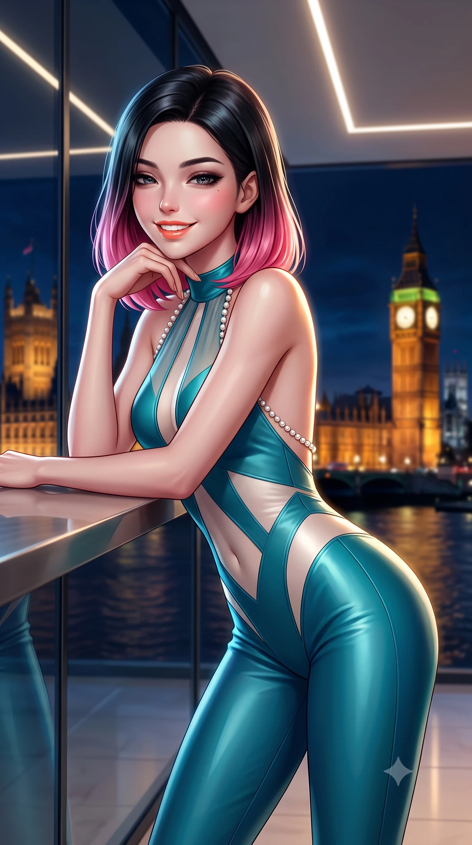 score_9, masterpiece, best quality, ultra-detailed, high-budget anime keyframe, semi-realistic 3D game render, editorial fashion photography, tasteful artistic composition, Korean woman. close-up cowboy shot from the waist and thighs up, the character dominates the composition, filling the frame with her large presence. resting one elbow on the table and supporting her chin, leaning close to the camera with heavy-lidded sparkling eyes and parted lips while standing poised beside the double-height glass facade overlooking the Thames, arching her spine as illuminated Big Ben and the Houses of Parliament glow across the river. The background shows a soft-focus linear ceiling LED strips softened in ultra-modern London riverfront aerie shallow focus. She has an exceptionally elegant, slender, and willowy female figure with an ultra-slim waist, flat toned midriff, narrow ribcage, and sculpted feminine hips creating an alluring, slim hourglass silhouette without bulk. sharp v-shaped jawline, high-bridge nose, intricate jewel-like sparkling eyes with depth, thick eyelashes, glossy parted lips with a natural peach sheen, bright cheerful beaming smile with an enchanting and coquettish sensual glint, exuding both youthful cute charm and seductive allure, flawlessly proportioned anatomical accuracy, strict slender model proportions, natural body alignment, perfectly sculpted long slender limbs, ultra-slim waistline, clean dynamic posture without body distortion. wearing a provocative backless sheer illusion halter catsuit with strategic opaque geometric panels hugging her hourglass waist in Mediterranean bioluminescent teal and radiant pearl, woven from buttery-soft stretch lambskin leather adhering to her body like a second skin, accented with a pearl-drop body harness subtly framing her dewy collarbones and spine, the liquid-tight tailored fabric clinging flawlessly to her narrow waist and rounded feminine hips, emphasizing every millimeter of her sculpted slim hourglass curves without any bulky heaviness. illuminated by floor specular reflection bounce and sharp platinum-gold rim lights sculpting her jawline, narrow waist, and curvy hips. highly saturated vibrant anime colors, detailed shading with soft gradients, rich glossy textures, high-contrast stereoscopic depth, volumetric dynamic lighting, master piece, 9:16 ratio