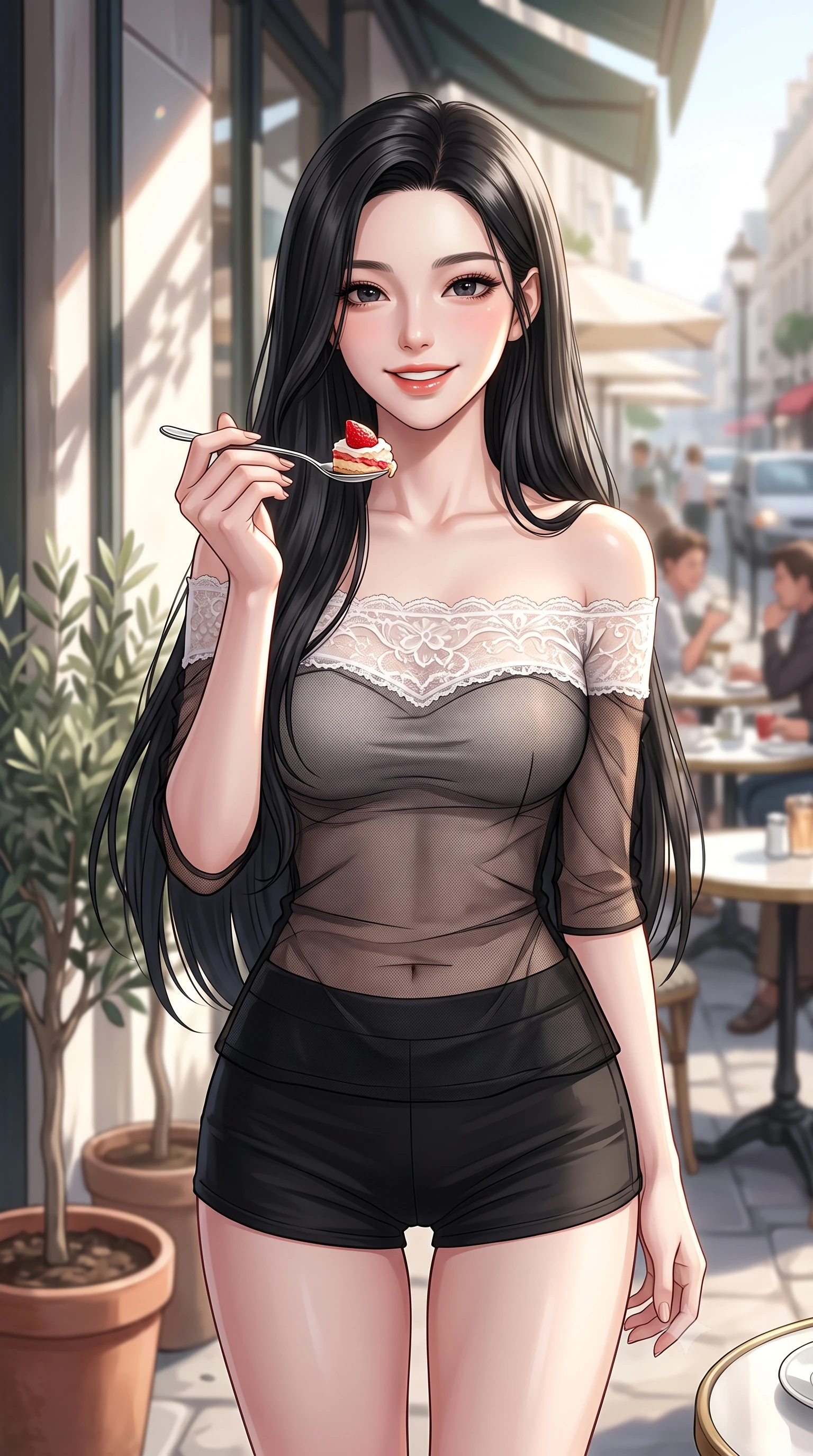 score_9, masterpiece, best quality, ultra-detailed, high-budget anime keyframe, editorial fashion photography, tasteful artistic composition, Korean woman. close-up cowboy shot from the waist and thighs up, the character dominates the composition, filling the frame with her large presence, background elements kept in soft focus. gazing past the camera with a happy, bright expression and a warm smile set against a soft-focus background of on a lively street-side bistro terrace next to potted olive trees holding a spoon with a bite of strawberry cake, smiling happily at the camera. She has an exceptionally elegant, slender, and willowy female figure with an ultra-slim waist, a gracefully sculpted slender torso, and a refined silhouette. sharp v-shaped jawline, high-bridge nose, intricate jewel-like eyes with depth, thick eyelashes, glossy lips with a natural sheen. wearing slim-fit delicate lace-trim off-shoulder blouse paired with a sheer mesh overlay and form-contouring mini shorts. bright afternoon sunlight streaming through the large window pane. highly saturated vibrant anime colors, detailed shading with soft gradients, rich glossy textures, high-contrast stereoscopic depth, volumetric dynamic lighting, master piece, 9:16 ratio