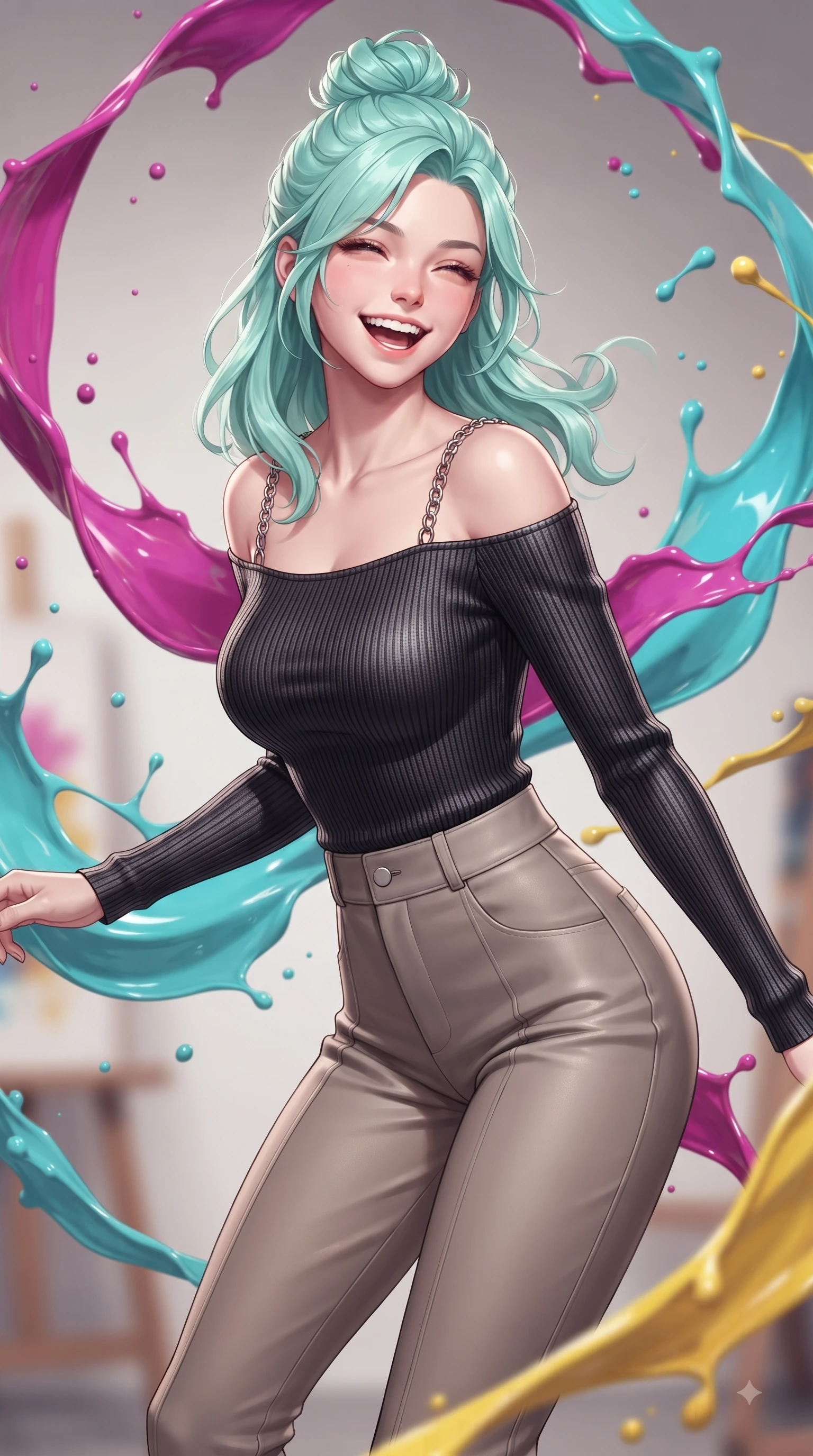 score_9, masterpiece, best quality, ultra-detailed, high-budget anime keyframe, editorial fashion photography, tasteful artistic composition, Japanese woman. close-up cowboy shot from the waist and thighs up, the character dominates the composition, filling the frame with her large presence, background elements kept in soft focus. Joyful laughing expression filled with genuine happiness and warmth, leaning forward with cheerful energy while spinning joyfully amidst swirling ribbons of magenta, turquoise, and yellow liquid acrylic paint, vibrant ribbons of opal paint and color splashes frozen in mid-air around her figure. She has an exceptionally elegant, slender, and willowy female figure with an ultra-slim waist, a gracefully sculpted slender torso, and a refined silhouette. sharp v-shaped jawline, high-bridge nose, intricate jewel-like eyes with depth, thick eyelashes, glossy lips with a natural sheen, flawlessly proportioned anatomical accuracy, natural body alignment, perfectly sculpted elegant limbs, clean dynamic posture without body distortion. wearing a sleek off-shoulder ribbed knit top paired with high-waist tailored pants in muted taupe and soft ivory, made of fine carbon-fiber weave and soft matte leather, adorned with delicate metallic chain straps along the neckline, the glove-like fit emphasizing her statuesque silhouette during motion. bathed in high-contrast vibrant studio lighting with sharp cheerful specular highlights. ultra-reflective glossy finish, specular highlights, metallic sheen, high-contrast stereoscopic depth, volumetric dynamic lighting, 2k, ultra detail, master piece, 9:16 ratio