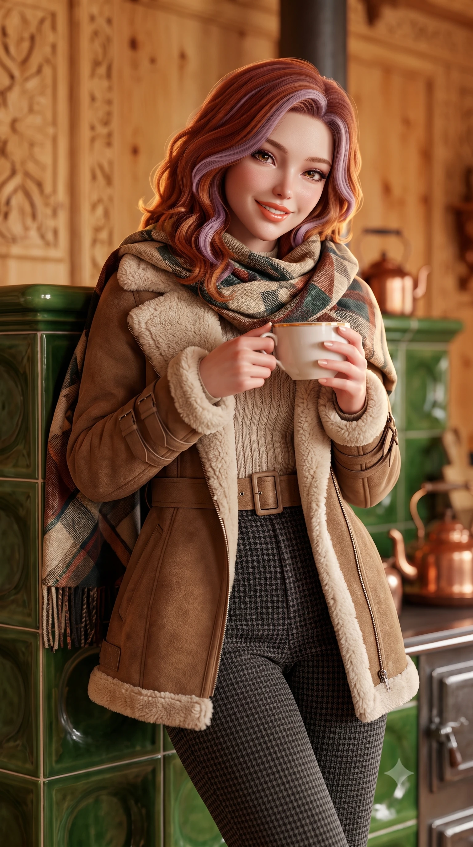 score_9, masterpiece, best quality, ultra-detailed, high-budget anime keyframe, semi-realistic 3D game render, editorial fashion photography, tasteful artistic composition, Caucasian woman. close-up cowboy shot from the waist and thighs up, the character dominates the composition, filling the frame with her large presence. holding a warm porcelain cup in both hands while tilting her head with an enchanting, beaming smile while leaning against the warm ceramic tiles of the traditional Kachelofen stove, wrapped in a luxurious blanket scarf with cozy contented grace. The background shows a soft-focus hand-carved Swiss stone pine wood walls, painted green ceramic stove tiles, and copper kettles blurred into warm honey, forest green, and amber bokeh. She has an exceptionally elegant, slender, and willowy female figure with an ultra-slim waist, flat toned midriff, narrow ribcage, and sculpted feminine hips creating an alluring, slim hourglass silhouette without bulk. sharp v-shaped jawline, high-bridge nose, intricate jewel-like sparkling eyes with depth, thick eyelashes, glossy parted lips with a natural peach sheen, bright cheerful beaming smile with an enchanting and coquettish sensual glint, exuding both youthful cute charm and seductive allure, flawlessly proportioned anatomical accuracy, strict slender model proportions, natural body alignment, perfectly sculpted long slender limbs, ultra-slim waistline, clean dynamic posture without body distortion. wearing a plush shearling-trimmed suede aviator coat layered over a cozy ribbed merino knit sweater and tailored corduroy pants in classic Savile Row charcoal houndstooth and crisp ivory, tailored from fine wool gabardine with crisp permanent pleats and sharp drape, finished with fine mother-of-pearl cuff buttons catching the soft ambient light, the structured cinched belt emphasizing her narrow waistline and gracefully balanced proportions with timeless haute-couture polish. illuminated by honey pine wall reflection bounce and warm buttery rim lights sculpting her features and slender hourglass curves. highly saturated vibrant anime colors, detailed shading with soft gradients, rich glossy textures, high-contrast stereoscopic depth, volumetric dynamic lighting, master piece, 9:16 ratio