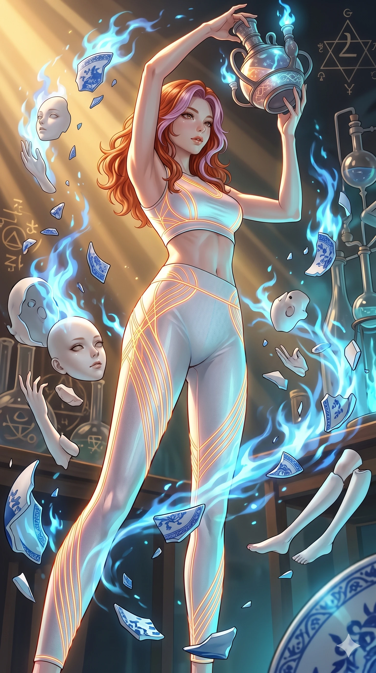 score_9, masterpiece, best quality, ultra-detailed, high-budget anime keyframe, Japanese woman. low angle full-body shot filling the entire 9:16 frame with her statuesque presence, stretching the vertical silhouette. assisting in an alchemical porcelain workshop where floating white bisque doll parts and blue porcelain shards swirl amidst blue alchemical flames. She has an absolutely perfect 8-heads proportion, an exceptionally tall and slender female figure with impossibly long slender legs and an ultra-slim waist. V-shaped jawline, high-bridge nose, intricate jewel-like eyes with depth, thick eyelashes, glossy lips with a natural sheen.. wearing a neon filament athleisure set, featuring a tight white crop top and matching leggings woven with glowing orange neon filaments, highlighting her slender body contour. showcasing a beautiful play of light and shadow, with warm golden rays clashing against cool cyan highlights. 2k, ultra detail, master piece, 9:16 ratio