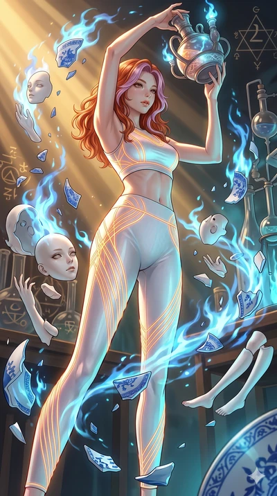 score_9, masterpiece, best quality, ultra-detailed, high-budget anime keyframe, Japanese woman. low angle full-body shot filling the entire 9:16 frame with her statuesque presence, stretching the vertical silhouette. assisting in an alchemical porcel