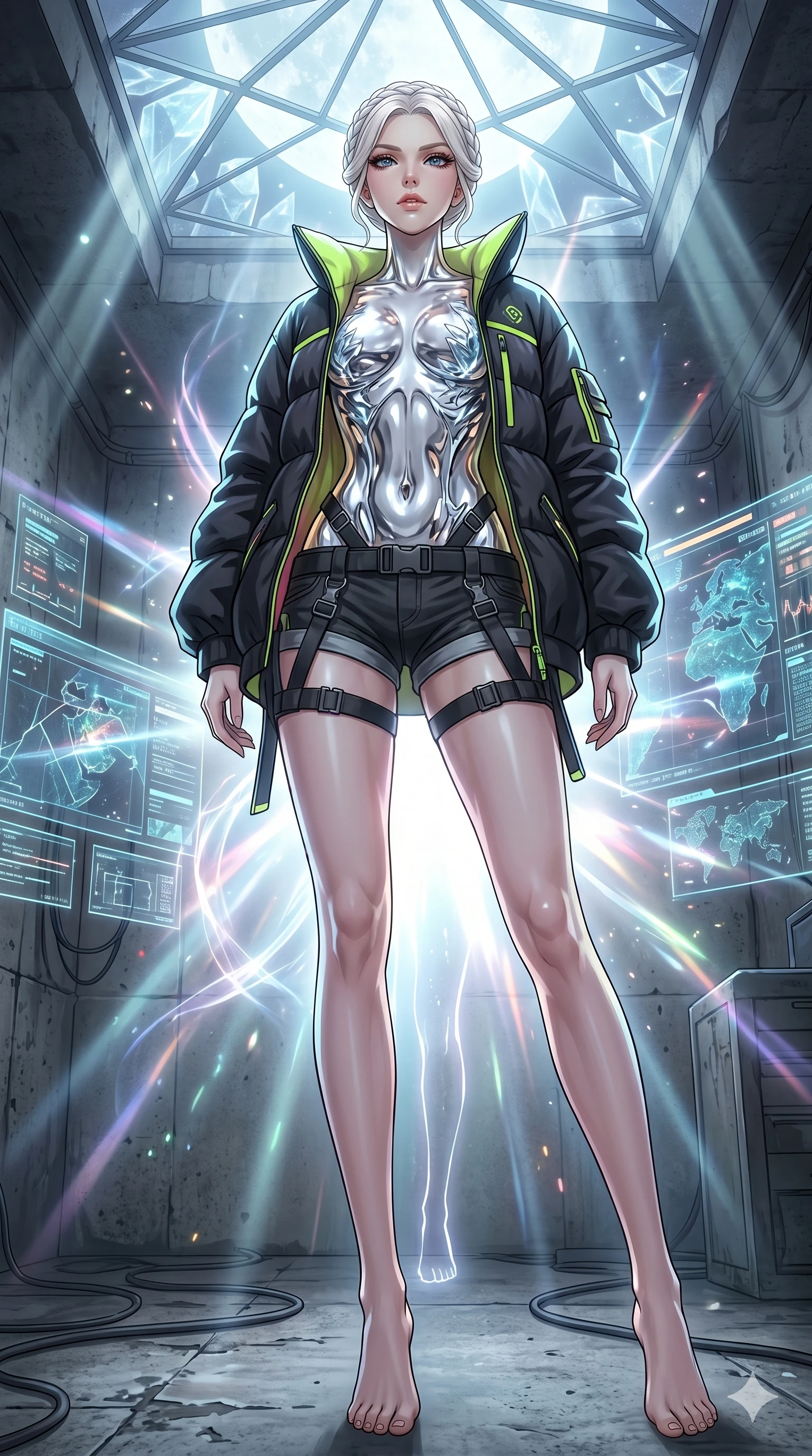 score_9, masterpiece, best quality, ultra-detailed, High-budget Anime Keyframe, vibrant colors, fluid line-art, expressive lighting, cinematic composition, Ufotable-style visual effects, top-tier animation quality, Caucasian woman with pale skin, blonde hair, and (strictly human ears). Low angle cowboy shot filling the entire 9:16 frame with her statuesque presence, looking up to emphasize her height. Transcending her physical form in a sudden flash of divine light, her silhouette becoming a being of pure energy. She has an absolutely perfect 8-heads proportion, an exceptionally tall and slender female figure with impossibly long slender legs and an ultra-slim waist, her statuesque height and towering silhouette dominating the vertical 9:16 frame. Her face is a masterpiece featuring a sharp v-shaped jawline, high-bridge nose, intricate jewel-like eyes with depth, thick eyelashes, and glossy lips with a natural sheen. She is wearing a Oversized puffer jacket worn over a micro-shorts and harness set, unzipped to reveal her chest crafted from Molten liquid mercury that flows and reflects the environment with metallic perfection, featuring a crystalline structure that catches the light and reveals her slender frame. The scene is set in an underground rebel bunker with flickering holographic screens and tactical maps, illuminated by ethereal moonlight filtering through a crystalline canopy, creating soft highlights. 2k, ultra detail, master piece, 9:16 ratio