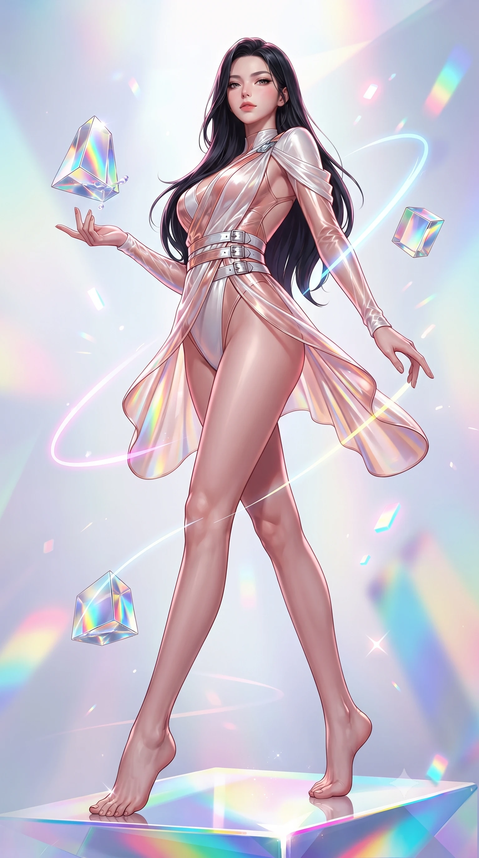 score_9, masterpiece, best quality, ultra-detailed, high-budget anime keyframe, editorial fashion photography, tasteful artistic composition, Korean woman. low angle full-body shot from head to toe showing her feet, filling the entire 9:16 vertical frame with her statuesque presence, stretching her vertical silhouette. navigating the luminous space with effortless poise, displaying her perfect model proportions interacting with floating glass prisms that refract liquid light into rainbows, glowing neon brushstrokes floating poetically around her silhouette. She has an absolutely perfect, statuesque 8.5-heads proportion, an exceptionally tall and slender model-like female figure with impossibly long slender legs and an ultra-slim waist. sharp v-shaped jawline, high-bridge nose, intricate jewel-like eyes with depth, thick eyelashes, glossy lips with a natural sheen. wearing a high-cut translucent vinyl leotard with front paneling and open back in pearl white and rose gold, crafted from lustrous satin jersey with fluid draping, detailed with polished silver buckles along the waistline, the glove-like fit emphasizing her statuesque silhouette. bathed in high-contrast vibrant studio lighting with sharp specular highlights. highly saturated vibrant anime colors, detailed shading with soft gradients, rich glossy textures, high-contrast stereoscopic depth, volumetric dynamic lighting, master piece, 9:16 ratio