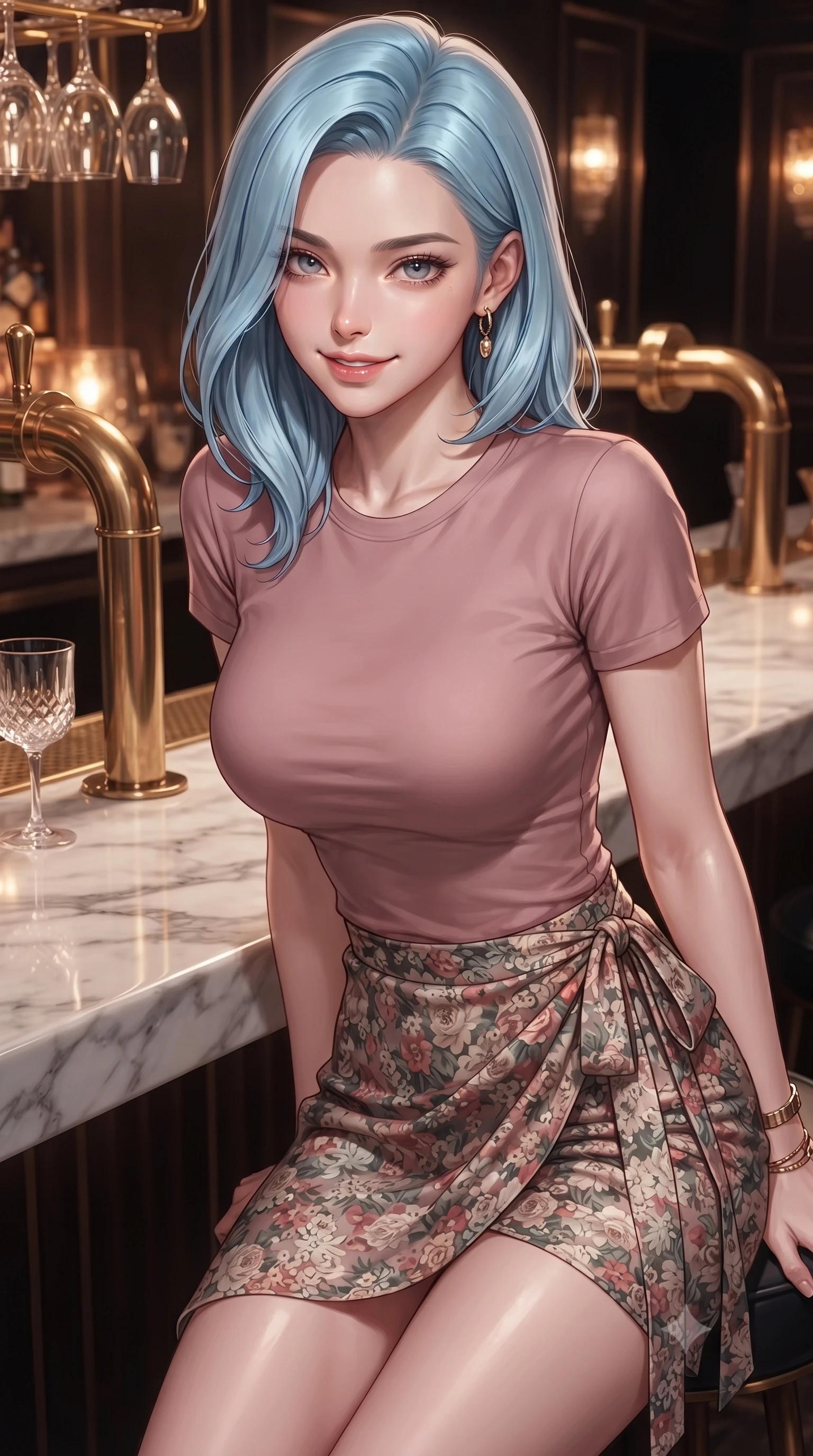 score_9, masterpiece, best quality, ultra-detailed, high-budget anime keyframe, editorial fashion photography, tasteful artistic composition, Korean woman. close-up cowboy shot from the waist and thighs up, the character dominates the composition, filling the frame with her large presence, background elements kept in soft focus. leaning slightly forward with a playful, teasing smile, her gaze locked onto the viewer the background shows a soft-focus a luxury lounge bar with marble counter tops and polished brass fixtures. She has an exceptionally elegant, slender, and willowy female figure with an ultra-slim waist, a gracefully sculpted slender torso, and a refined silhouette. sharp v-shaped jawline, high-bridge nose, intricate jewel-like eyes with depth, thick eyelashes, glossy lips with a natural sheen. wearing a body-hugging simple crewneck t-shirt in dusty pink paired with a floral print wrap skirt. warm amber ambient lighting reflecting off brass and crystal. ultra-reflective glossy finish, specular highlights, metallic sheen, high-contrast stereoscopic depth, volumetric dynamic lighting, 2k, ultra detail, master piece, 9:16 ratio