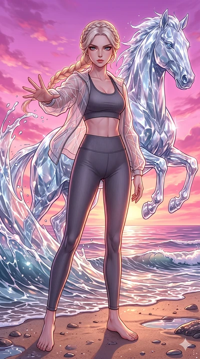 score_9, masterpiece, best quality, ultra-detailed, Set C: High-budget Anime Keyframe, Korean woman. Low angle cowboy shot filling the entire 9:16 frame with her statuesque presence. Summoning a wave of water that turns into a stallion on a beach at 