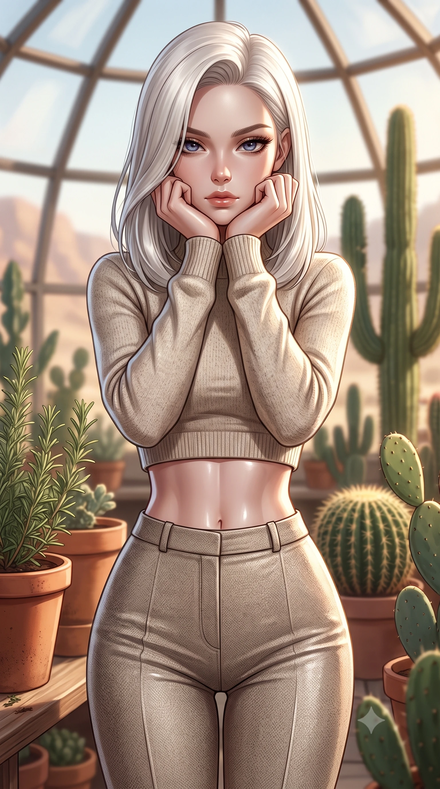 score_9, masterpiece, best quality, ultra-detailed, high-budget anime keyframe, editorial fashion photography, tasteful artistic composition, Caucasian woman. close-up cowboy shot from the waist and thighs up, the character dominates the composition, filling the frame with her large presence, background elements kept in soft focus. resting her chin on the backs of her fingers, casting a heavy-lidded, sultry look past the camera the background shows a soft-focus a desert greenhouse dome, surrounded by terracotta pots, rosemary, and cacti. She has an exceptionally elegant, slender, and willowy female figure with an ultra-slim waist, a gracefully sculpted slender torso, and a refined silhouette. sharp v-shaped jawline, high-bridge nose, intricate jewel-like eyes with depth, thick eyelashes, glossy lips with a natural sheen. wearing a tailored tight-fitting crop sweater in oatmeal wool, paired with high-waisted form-fitting pants. warm, diffused daylight creating a quiet and productive mood. ultra-reflective glossy finish, specular highlights, metallic sheen, high-contrast stereoscopic depth, volumetric dynamic lighting, 2k, ultra detail, master piece, 9:16 ratio