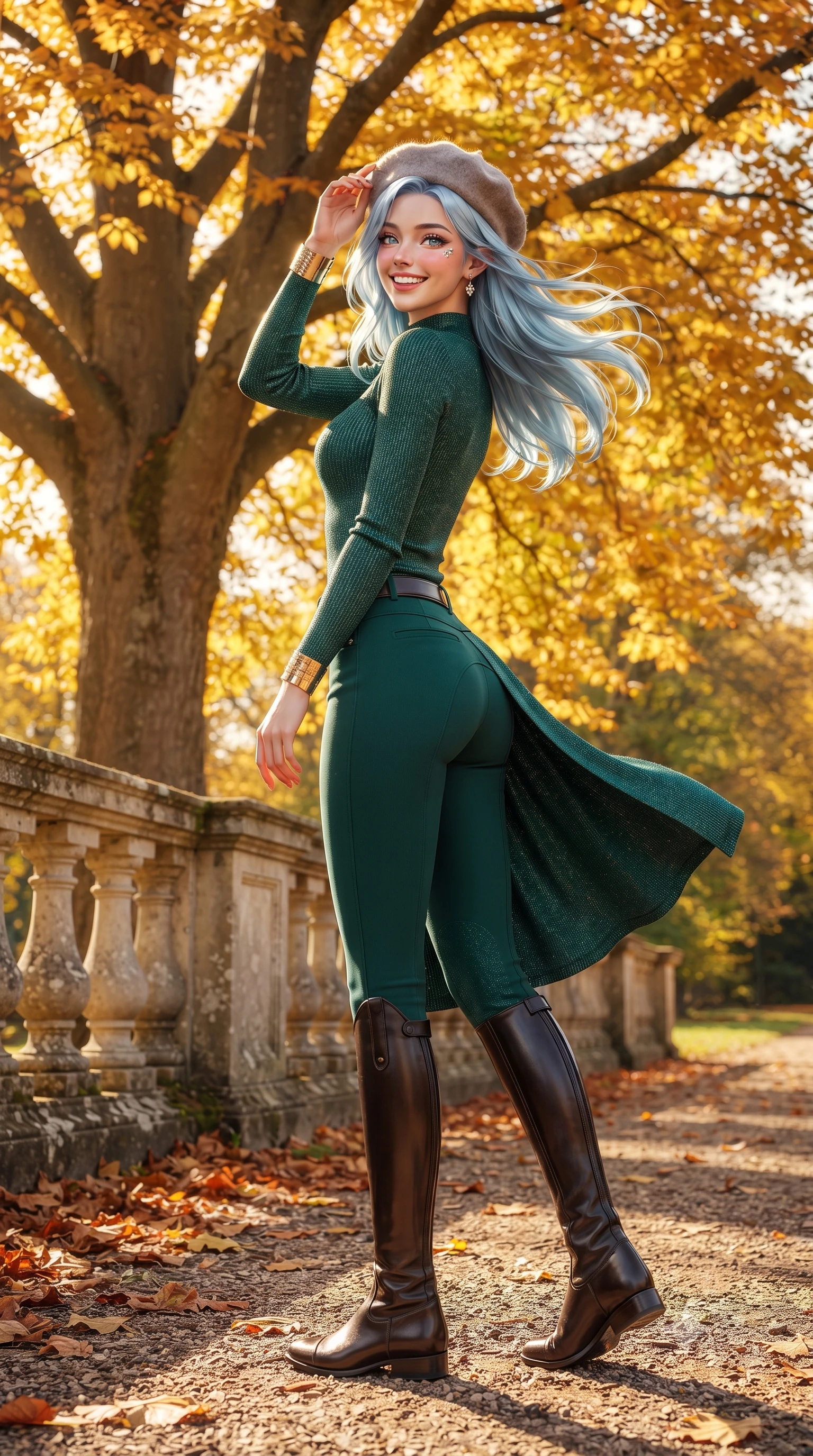 score_9, masterpiece, best quality, ultra-detailed, high-budget anime keyframe, editorial fashion photography, tasteful artistic composition, Korean woman. low angle full-body shot from head to toe showing her feet, filling the entire 9:16 vertical frame with her statuesque presence, stretching her vertical silhouette. executing an elegant pivot turn as the hem of her form-fitting knit sways rhythmically, glancing back with joyful radiance and seductive allure while pausing beneath a monumental golden beech tree, one hand lightly holding her wool beret as an autumn breeze sweeps by. The surrounding environment is rendered in vivid detail and crisp panoramic clarity: sharp veining on crisp fallen autumn leaves, weathered limestone bridge baluster textures, and gravel pathway grains in deep focus. She has an exceptionally tall and slender model-like 8.5-heads proportion, an ultra-slim waist, a flat toned midriff, narrow delicate ribcage, and beautifully sculpted feminine hips creating a graceful, slim hourglass silhouette without any bulky heaviness, with impossibly long slender legs. sharp v-shaped jawline, high-bridge nose, intricate jewel-like sparkling eyes with depth, thick eyelashes, glossy parted lips with a natural peach sheen, bright cheerful beaming smile with an enchanting and coquettish sensual glint, exuding both youthful cute charm and seductive allure, flawlessly proportioned anatomical accuracy, strict slender model proportions, natural body alignment, perfectly sculpted long slender limbs, ultra-slim waistline, clean dynamic posture without body distortion. wearing a form-fitting equestrian stretch bodysuit paired with snug tailored riding breeches and polished knee-high leather boots in St. Moritz pine forest emerald and heather grey, woven from stretch metallic lurex knit casting subtle luminous champagne glints across her contours, accented with delicate golden wrist cuffs reflecting warm chandelier light, the liquid-tight tailored fabric clinging flawlessly to her narrow waist and rounded feminine hips, emphasizing every millimeter of her sculpted slim hourglass curves without any bulky heaviness. bathed in crisp low-angle late-afternoon autumn sunlight filtering through a shimmering golden leaf canopy. ultra-reflective glossy finish, specular highlights, rich textural contrasts, high-contrast stereoscopic depth, volumetric dynamic lighting, 2k, ultra detail, master piece, 9:16 ratio