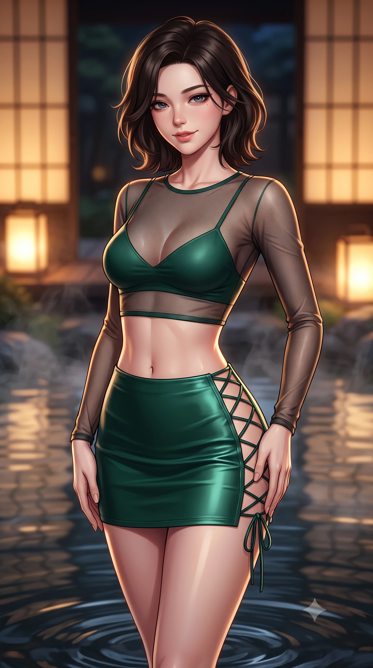 score_9, masterpiece, best quality, ultra-detailed, high-budget anime keyframe, semi-realistic 3D game render, editorial fashion photography, tasteful artistic composition, Korean woman. close-up cowboy shot from the waist and thighs up, the character dominates the composition, filling the frame with her large presence. tilting her head with a teasing half-smile, running one hand slowly down the side of her hip in a flirtatious S-curve as ambient light caresses her silhouette while twisting her slender torso in an alluring S-curve, delicate rising pond steam and warm shoji paper lantern glows tracing her silhouette. The background shows a soft-focus gentle pond water ripples softened in avant-garde neo-traditional shallow focus. She has an exceptionally elegant, slender, and willowy female figure with an ultra-slim waist, flat toned midriff, narrow ribcage, and sculpted feminine hips creating an alluring, slim hourglass silhouette without bulk. sharp v-shaped jawline, high-bridge nose, sparkling eyes with hypnotic seductive depth, thick curled eyelashes, glossy parted lips with a natural dewy peach sheen, alluring bedroom-eyes with an enchanting coquettish smile, exuding magnetic siren charisma and sophisticated glamour, flawlessly proportioned anatomical accuracy, strict slender model proportions, natural body alignment, perfectly sculpted long slender limbs, ultra-slim waistline, clean dynamic posture without body distortion. wearing a sheer mesh long-sleeve crop top over an opaque strappy micro-bralette and a sleek leatherette mini skirt in Monaco casino emerald and royal champagne, tailored from fine structural neoprene with crisp architectural edges and smooth contouring, featuring fine criss-cross lace-up side ties revealing tantalizing glimpses of her hip curve, the liquid-tight tailored fabric clinging flawlessly to her narrow waist and rounded feminine hips, emphasizing every millimeter of her sculpted slim hourglass curves without any bulky heaviness. bathed in warm 2600K amber light radiating from sliding shoji screens mixed with dark water specular reflection. highly saturated vibrant anime colors, detailed shading with soft gradients, rich glossy textures, high-contrast stereoscopic depth, volumetric dynamic lighting, master piece, 9:16 ratio