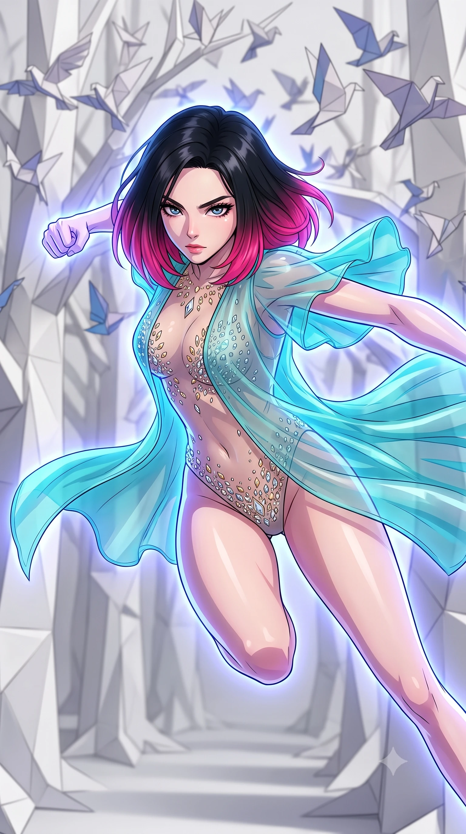 score_9, masterpiece, best quality, ultra-detailed, high-budget anime keyframe, clean line-art, cel-shading, Korean woman. close-up cowboy shot from the waist and thighs up, the character dominates the composition, filling the frame with her large presence, background elements kept in soft focus. Leaping into the camera's view with an aggressive, mid-action strike pose. set against a soft-focus background of a forest made of white folded paper trees, where paper birds are taking flight from branches in a geometric flurry. She has an exceptionally elegant and slender, willowy female figure with an ultra-slim waist, a gracefully sculpted slender torso, and a refined slim physique. sharp v-shaped jawline, high-bridge nose, intricate jewel-like eyes with depth, thick eyelashes, glossy lips with a natural sheen. wearing the lightweight fabric rippling and billowing dramatically with her movement, a body-hugging crystal-embellished sheer bodysuit in gold and silver, under a short transparent turquoise organza cape. cool ethereal blue-violet bioluminescent glow wrapping around her from all sides. highly saturated vibrant anime colors, intense vivid color palette, volumetric dynamic lighting, 2k, ultra detail, master piece, 9:16 ratio