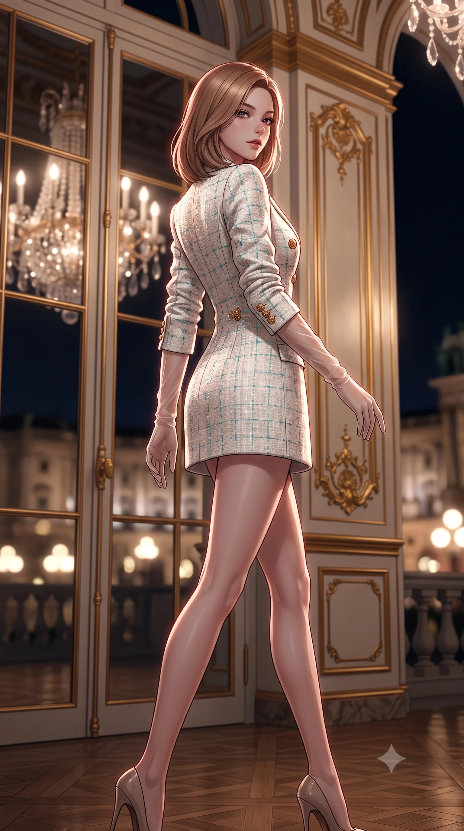 score_9, masterpiece, best quality, ultra-detailed, high-budget anime keyframe, semi-realistic 3D game render, editorial fashion photography, tasteful artistic composition, Korean woman. low angle full-body shot from head to toe showing her feet, filling the entire 9:16 vertical frame with her statuesque presence, stretching her vertical silhouette. walking along the terrace with poise, looking back over her bare shoulder with an irresistible smoldering bedroom-gaze while standing centered in the monumental mirrored gallery, arching her spine with sovereign supermodel posture as crystal chandeliers reflect into infinity. The background shows a soft-focus infinite crystal chandelier reflections in tall French mirrors, gold-leaf rococo boiserie panels, and Heldenplatz square at night blurred into champagne, ivory, and gold bokeh. She has an exceptionally tall and slender model-like 8.5-heads proportion, an ultra-slim waist, a flat toned midriff, narrow delicate ribcage, and beautifully sculpted feminine hips creating a graceful, slim hourglass silhouette without any bulky heaviness, with impossibly long slender legs. sharp v-shaped jawline, high-bridge nose, intricate jewel-like sparkling eyes with depth, thick eyelashes, glossy parted lips with a natural peach sheen, bright cheerful beaming smile with an enchanting and coquettish sensual glint, exuding both youthful cute charm and seductive allure, flawlessly proportioned anatomical accuracy, strict slender model proportions, natural body alignment, perfectly sculpted long slender limbs, ultra-slim waistline, clean dynamic posture without body distortion. wearing a tailored ivory tweed double-breasted blazer dress with gold heraldic crest buttons in Sentosa tropical coral reef teal and pure iridescent pearl, woven from structured British tweed with subtle metallic flecks, complemented by sheer opera-length evening gloves tracing her slender arms, the impeccably tailored cut draping gracefully along her slender figure with aristocratic poise. illuminated by mirror specular reflections and sharp rose-gold rim lights sculpting her features, flat midriff, and slender waist. highly saturated vibrant anime colors, detailed shading with soft gradients, rich glossy textures, high-contrast stereoscopic depth, volumetric dynamic lighting, master piece, 9:16 ratio