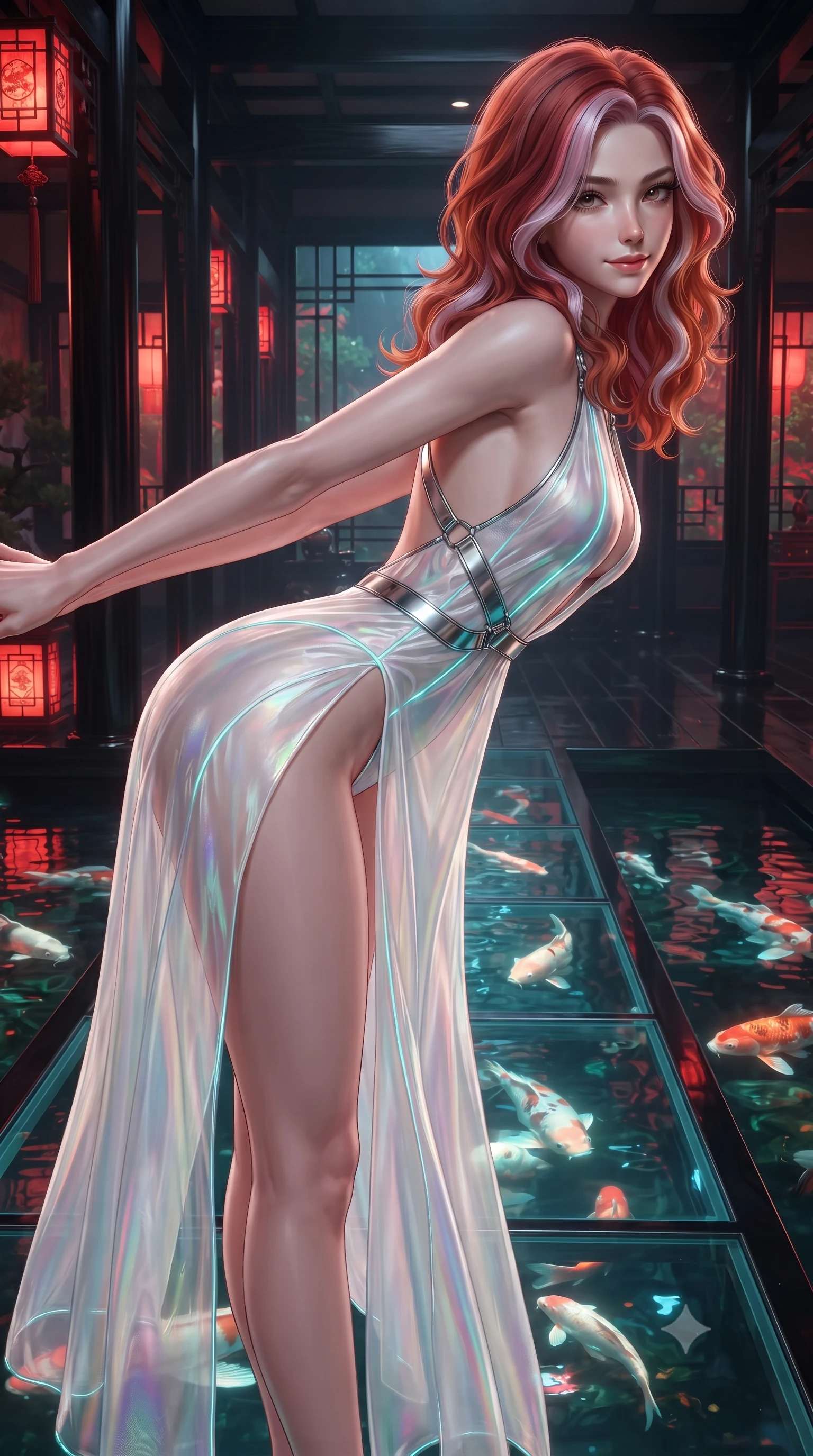 score_9, masterpiece, best quality, ultra-detailed, high-budget anime keyframe, editorial fashion photography, tasteful artistic composition, Caucasian woman. close-up cowboy shot from the waist and thighs up, the character dominates the composition, filling the frame with her large presence. stretching forward with an alluring arch of her spine, glancing over her shoulder with thick eyelashes and a smoldering half-smile while stepping along a floating glass bridge over an illuminated pond filled with swimming light fish. The surrounding environment is rendered in vivid detail and crisp panoramic clarity. polished black lacquer wood grain, glowing koi scales, and red lantern frame details in deep focus. She has an exceptionally elegant, slender, and willowy female figure with an ultra-slim waist, a gracefully sculpted slender torso, and a refined silhouette. sharp v-shaped jawline, high-bridge nose, intricate jewel-like eyes with depth, thick eyelashes, glossy lips with a natural sheen, flawlessly proportioned anatomical accuracy, natural body alignment, perfectly sculpted elegant limbs, clean dynamic posture without body distortion. wearing a translucent iridescent chiffon gown with a plunging neckline, high dual thigh slits, and an open back in pure snow white latex and glowing cyan circuit seams, made of smooth iridescent silk chiffon that shifts colors with movement, reinforced by a sleek metallic chrome harness and delicate glowing micro-straps, the liquid-tight fabric adhering flawlessly to her sculpted torso and slender silhouette. surrounded by an intimate, exotic, and captivatingly sensual oriental cyber atmosphere. ultra-reflective glossy finish, specular highlights, metallic sheen, high-contrast stereoscopic depth, volumetric dynamic lighting, 2k, ultra detail, master piece, 9:16 ratio