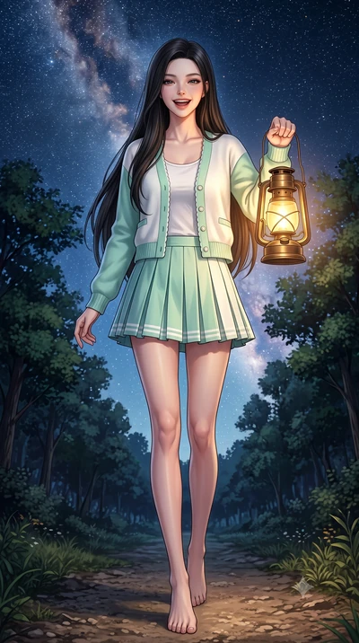 score_9, masterpiece, best quality, ultra-detailed, high-budget anime keyframe, semi-realistic 3D game render, editorial fashion photography, tasteful artistic composition, Korean woman. low angle full-body shot from head to toe showing her feet, fil