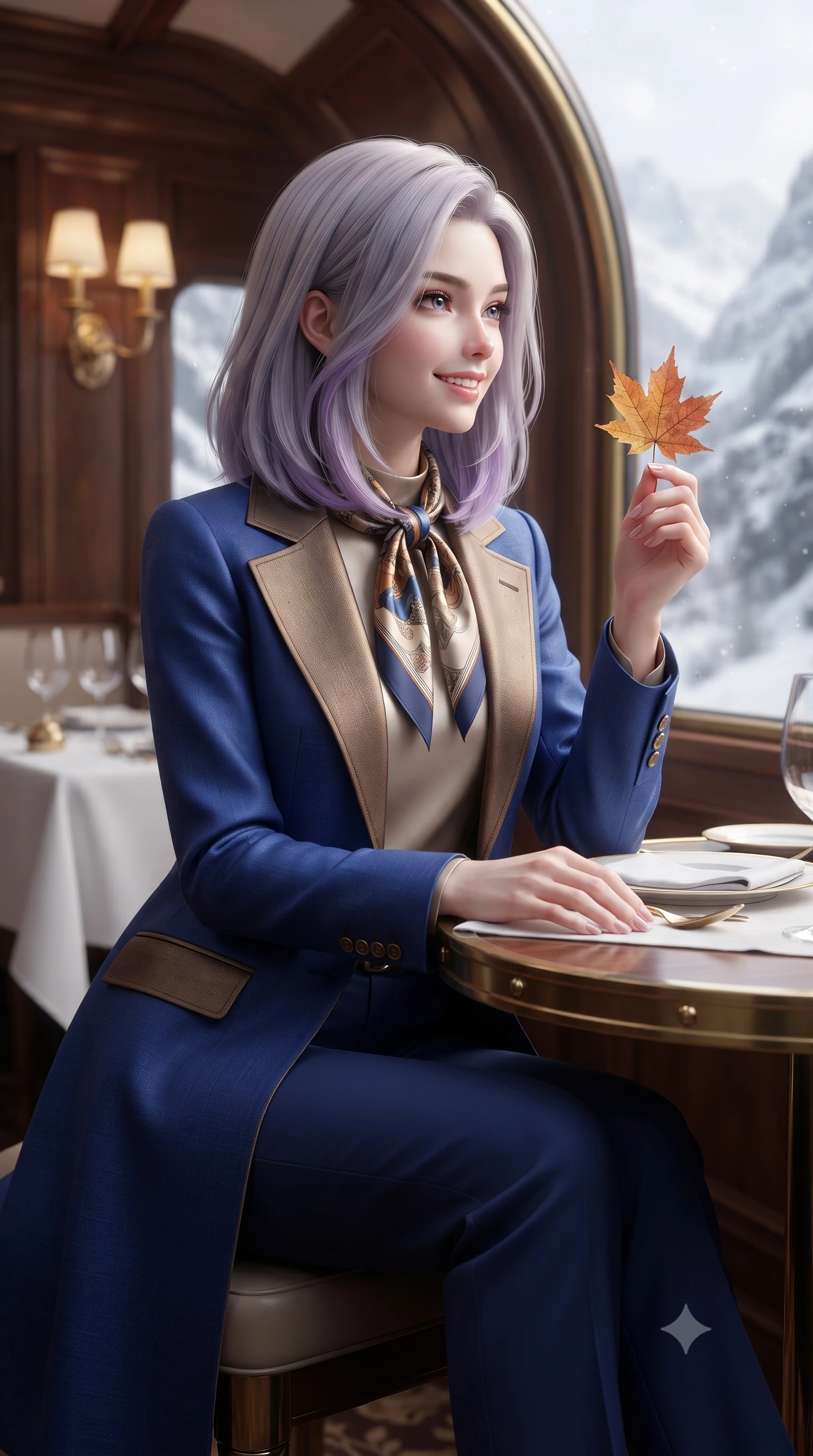 score_9, masterpiece, best quality, ultra-detailed, high-budget anime keyframe, editorial fashion photography, tasteful artistic composition, Caucasian woman. close-up cowboy shot from the waist and thighs up, the character dominates the composition, filling the frame with her large presence. holding a single autumn leaf delicately between manicured fingers, admiring it with a cheerful, parted-lip smile while sitting poised at the brass-trimmed wood dining table beneath the curved glass ceiling, watching snow canyons sweep past with an enchanted smile. The background shows a soft-focus polished train car interior brass sconces and white linen table settings softened in vintage luxury rail romance shallow focus. She has an exceptionally elegant, slender, and willowy female figure with an ultra-slim waist, flat toned midriff, narrow ribcage, and sculpted feminine hips creating an alluring, slim hourglass silhouette without bulk. sharp v-shaped jawline, high-bridge nose, intricate jewel-like sparkling eyes with depth, thick eyelashes, glossy parted lips with a natural peach sheen, bright cheerful beaming smile with an enchanting and coquettish sensual glint, exuding both youthful cute charm and seductive allure, flawlessly proportioned anatomical accuracy, strict slender model proportions, natural body alignment, perfectly sculpted long slender limbs, ultra-slim waistline, clean dynamic posture without body distortion. wearing a stand-collar tailored linen-silk coat layered over a minimalist silk tunic and straight-leg pressed trousers in royal sapphire blue and antique brushed bronze, woven from fine Australian merino wool with a smooth fluid drape and subtle sheen, finished with a printed silk twilly scarf knotted gracefully around her neck, the expertly draped wool fabric falling in crisp fluid lines along her tall 8.5-heads silhouette, celebrating her slender frame without excess fabric bulk. illuminated by cherrywood interior reflection fill and sharp silver-gold rim lights defining her razor-sharp jawline and willowy silhouette. ultra-reflective glossy finish, specular highlights, rich textural contrasts, high-contrast stereoscopic depth, volumetric dynamic lighting, 2k, ultra detail, master piece, 9:16 ratio