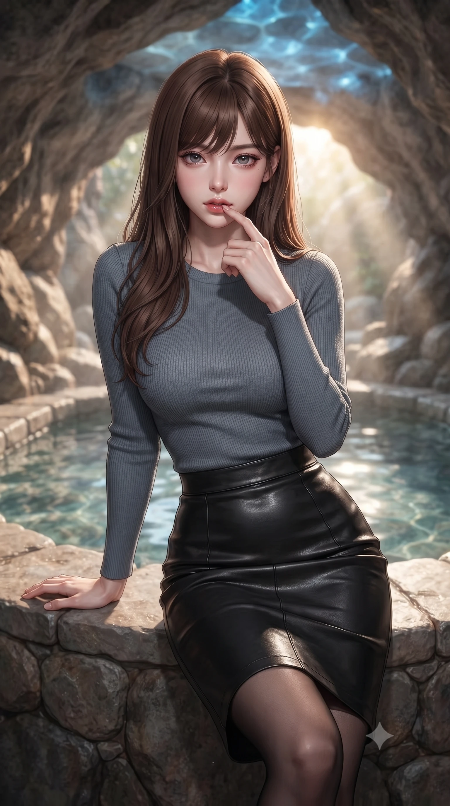 score_9, masterpiece, best quality, ultra-detailed, high-budget anime keyframe, editorial fashion photography, tasteful artistic composition, Korean woman woman. close-up cowboy shot from the waist and thighs up, the character dominates the composition, filling the frame with her large presence, background elements kept in soft focus. pressing one finger to her bottom lip in a thoughtful, seductive gesture under the warm sun the background shows a soft-focus a private stone bath pool built inside a natural rock cave with clear mineral water. She has an exceptionally elegant, slender, and willowy female figure with an ultra-slim waist, a gracefully sculpted slender torso, and a refined silhouette. sharp v-shaped jawline, high-bridge nose, intricate jewel-like eyes with depth, thick eyelashes, glossy lips with a natural sheen. wearing a form-contouring form-contouring knit top in slate grey, paired with a leather midi skirt and sheer stockings. soft blue light reflecting from the pool water onto the rocky cave ceiling. ultra-reflective glossy finish, specular highlights, metallic sheen, high-contrast stereoscopic depth, volumetric dynamic lighting, 2k, ultra detail, master piece, 9:16 ratio