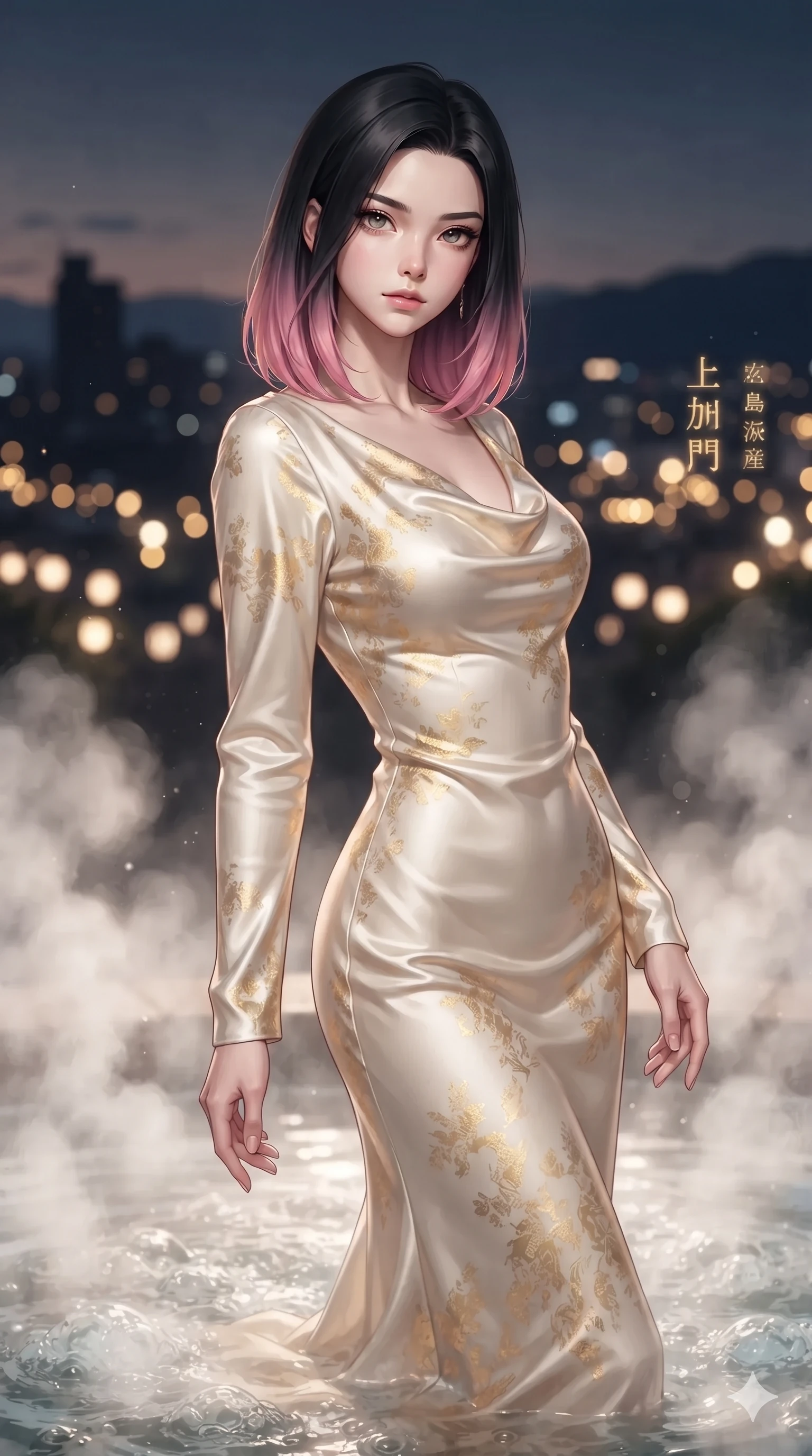 score_9, masterpiece, best quality, ultra-detailed, high-budget anime keyframe, editorial fashion photography, tasteful artistic composition, Korean woman. close-up cowboy shot from the waist and thighs up, the character dominates the composition, filling the frame with her large presence. arching her spine backward with effortless dancer poise, one hand sliding along her hip line as directional light carves specular highlights along her silhouette while twisting her slender torso in an alluring contrapposto stance, warm water droplets and mineral glints sparkling across her flat midriff and hourglass curves. The background shows a soft-focus curling white thermal steam clouds, bubbling mineral springs, and dark city silhouettes blurred into pearl white, slate, and gold bokeh. She has an exceptionally elegant, slender, and willowy female figure with an ultra-slim waist, flat toned midriff, narrow ribcage, and sculpted feminine hips creating an alluring, slim hourglass silhouette without bulk. sharp v-shaped jawline, high-bridge nose, intricate jewel-like sparkling eyes with depth, thick eyelashes, glossy parted lips with a natural sheen, intensely captivating and seductive bedroom-eyes expression, exuding both youthful cute charm and sovereign luxury allure, flawlessly proportioned anatomical accuracy, strict slender model proportions, natural body alignment, perfectly sculpted long slender limbs, ultra-slim waistline, clean dynamic posture without body distortion. wearing a modest long-sleeve cowl-neck satin column gown draping gracefully to the floor with aristocratic poise in Istrian stone cream and antique gold-leaf, woven from high-density tech-wool with subtle metallic thread weave, complemented by sheer opera-length evening gloves tracing her slender arms, the impeccably tailored cut draping gracefully along her slender figure with aristocratic poise. bathed in the warm, moody ambient light of concealed rock-recessed spotlights combined with the soft silver glow of the moon. ultra-reflective glossy finish, specular highlights, rich textural contrasts, high-contrast stereoscopic depth, volumetric dynamic lighting, 2k, ultra detail, master piece, 9:16 ratio
