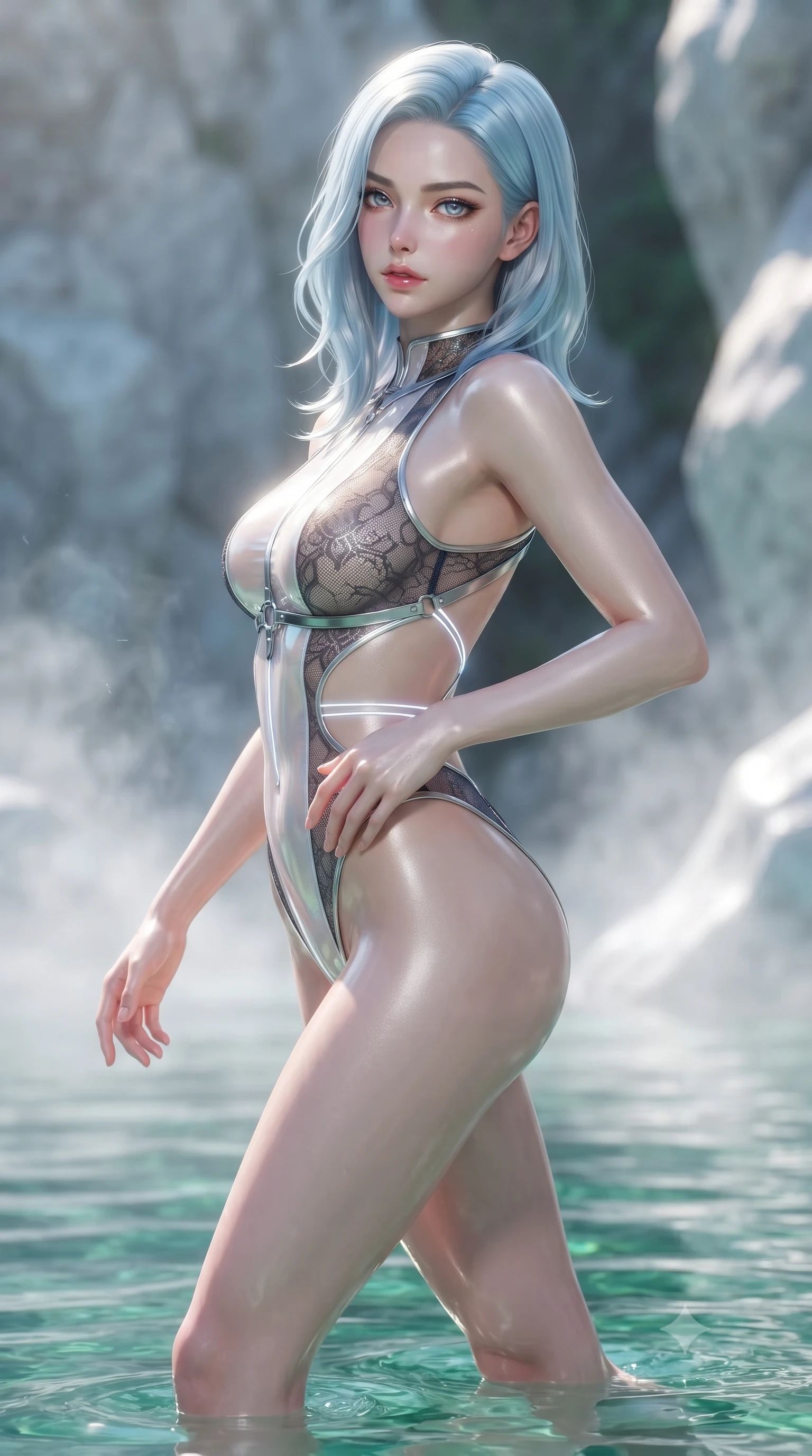 score_9, masterpiece, best quality, ultra-detailed, high-budget anime keyframe, editorial fashion photography, tasteful artistic composition, Korean woman. close-up cowboy shot from the waist and thighs up, the character dominates the composition, filling the frame with her large presence. twisting her upper body in a dynamic S-curve with an alluring smolder, one hand trailing along her slender waist while stepping gracefully through shallow emerald water with an alluring, confident backward glance. The composition keeps background elements in soft focus with creamy bokeh. rising water mist and marble rock formations softened by luminous shallow depth of field. She has an exceptionally elegant, slender, and willowy female figure with an ultra-slim waist, a gracefully sculpted slender torso, toned flat midriff, and a refined slim silhouette. sharp v-shaped jawline, high-bridge nose, intricate jewel-like eyes with depth, thick eyelashes, glossy lips with a natural sheen, flawlessly proportioned anatomical accuracy, strict slender model proportions, natural body alignment, perfectly sculpted long slender limbs, ultra-slim waistline, clean dynamic posture without body distortion. wearing a high-cut translucent vinyl leotard with front paneling, exposed side-rib cutouts, and an open back in glistening liquid pearl white with rainbow opalescence, crafted from delicate dark lace interwoven with luminescent micro-fibers, reinforced by a sleek metallic chrome harness and delicate glowing micro-straps, the precision-cut daring openings accentuating her delicate midriff, graceful bare collarbones, and ultra-slim feminine waistline. surrounded by a pristine, refreshing, and intensely seductive natural sanctuary atmosphere. ultra-reflective glossy finish, specular highlights, metallic sheen, high-contrast stereoscopic depth, volumetric dynamic lighting, 2k, ultra detail, master piece, 9:16 ratio