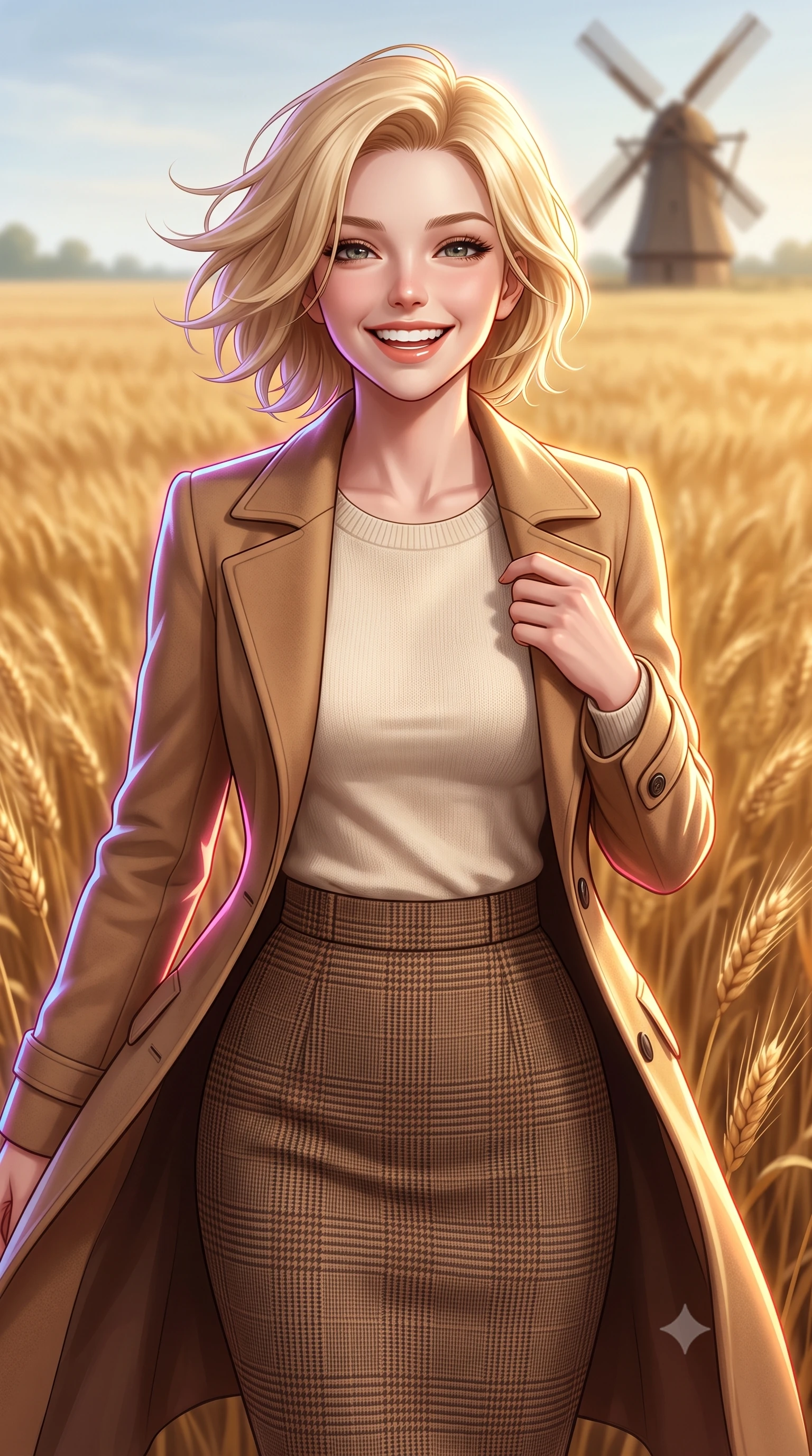 score_9, masterpiece, best quality, ultra-detailed, high-budget anime keyframe, editorial fashion photography, tasteful artistic composition, Caucasian woman, strictly human ears. close-up cowboy shot from the waist and thighs up, the character dominates the composition, filling the frame with her large presence, background elements kept in soft focus. Beaming with a wide, friendly smile that lights up her entire face. set against a soft-focus background of standing in the middle of a vast field of ripe golden wheat swaying in the wind, with a traditional wooden windmill visible on the far horizon. She has an exceptionally elegant, slender, and willowy female figure with a highly-defined ultra-slim waist, a gracefully sculpted slender torso, and a refined slim-fit silhouette that contours her form. sharp v-shaped jawline, high-bridge nose, intricate jewel-like eyes with depth, thick eyelashes, glossy lips with a natural sheen. wearing a tailored slim-fit camel hair coat over a soft cream knit top and a brown check wool pencil skirt. brilliant cinematic volumetric lighting with intense neon rim light outlining her form. 2k, ultra detail, master piece, 9:16 ratio