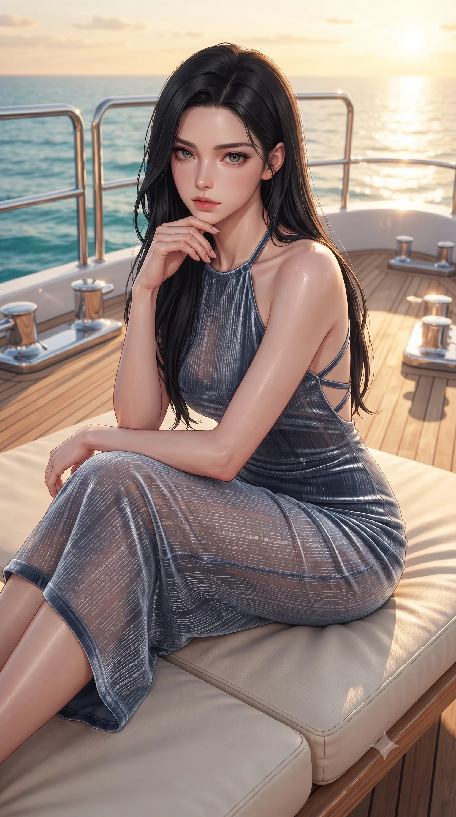 score_9, masterpiece, best quality, ultra-detailed, high-budget anime keyframe, editorial fashion photography, tasteful artistic composition, Korean woman. close-up cowboy shot from the waist and thighs up, the character dominates the composition, filling the frame with her large presence, background elements kept in soft focus. Resting her chin on the backs of her fingers, casting a sharp, mysterious gaze lounging on a plush sunbed on the teak deck of a luxury yacht in open turquoise waters, polished teak wood and gleaming chrome hardware catching sharp sunbursts. She has an exceptionally elegant, slender, and willowy female figure with an ultra-slim waist, a gracefully sculpted slender torso, and a refined silhouette. sharp v-shaped jawline, high-bridge nose, intricate jewel-like eyes with depth, thick eyelashes, glossy lips with a natural sheen. wearing a velvet halter-neck midi dress following her form like a glove in slate blue and metallic silver, woven from fine semi-opaque sheer organza, complemented by criss-cross back straps highlighting her bare shoulders, the sleek second-skin texture accentuating her magnetic presence. illuminated by a glorious golden hour sunset over deep azure sea waves. ultra-reflective glossy finish, specular highlights, metallic sheen, high-contrast stereoscopic depth, volumetric dynamic lighting, 2k, ultra detail, master piece, 9:16 ratio