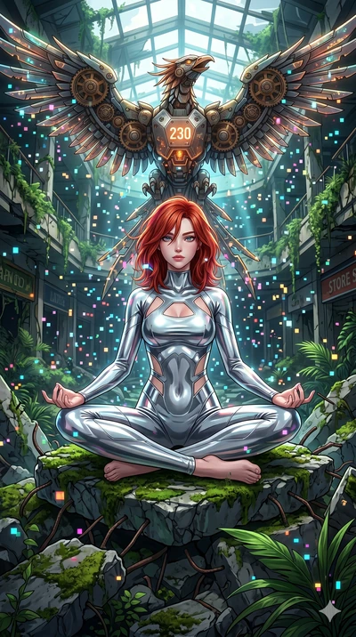 score_9, masterpiece, best quality, ultra-detailed, Set A: High-budget Anime Keyframe, Japanese woman. Low angle cowboy shot filling the entire 9:16 frame with her statuesque presence. Theme: Historical Remix. meditating in a ruined overgrown shoppin