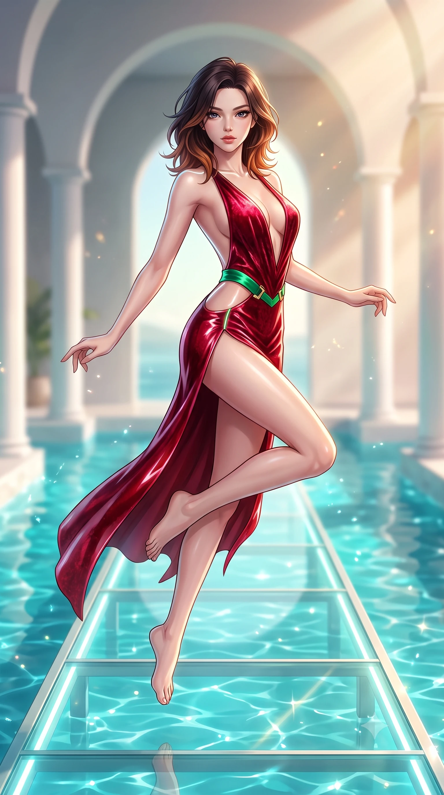 score_9, masterpiece, best quality, ultra-detailed, high-budget anime keyframe, semi-realistic 3D game render, editorial fashion photography, tasteful artistic composition, Korean woman. low angle full-body shot from head to toe showing her feet, filling the entire 9:16 vertical frame with her statuesque presence, stretching her vertical silhouette. leaping through mid-air with an athletic yet alluring arch of her spine, her impossibly long slender legs stretched in flawless poise while stepping along a glowing glass runway elevated above a shimmering turquoise waterway in a modern pavilion. The composition keeps background elements in soft focus with creamy bokeh. modern water pavilion arches and white minimalist columns softened by shallow depth of field. She has an absolutely perfect, statuesque 8.5-heads proportion, an exceptionally tall and slender model-like female figure with impossibly long slender legs, a toned flat midriff, and an ultra-slim waist. sharp v-shaped jawline, high-bridge nose, intricate jewel-like eyes with depth, thick eyelashes, glossy lips with a natural sheen, flawlessly proportioned anatomical accuracy, strict slender model proportions, natural body alignment, perfectly sculpted long slender limbs, ultra-slim waistline, clean dynamic posture without body distortion. wearing a backless crimson crushed velvet gown with a deep plunging V-neckline, strategic hip cutouts, and an ultra-high thigh slit in bright emerald green satin and gold hardware, crafted from ultra-reflective second-skin latex with a high-gloss glass-like polish, accented with glowing fiber-optic seams tracing her collarbones and hip curves, the precision-cut daring openings accentuating her delicate midriff, graceful bare collarbones, and ultra-slim feminine waistline. bathed in warm champagne-gold sunbursts and sparkling aquatic water refractions. highly saturated vibrant anime colors, detailed shading with soft gradients, rich glossy textures, high-contrast stereoscopic depth, volumetric dynamic lighting, master piece, 9:16 ratio