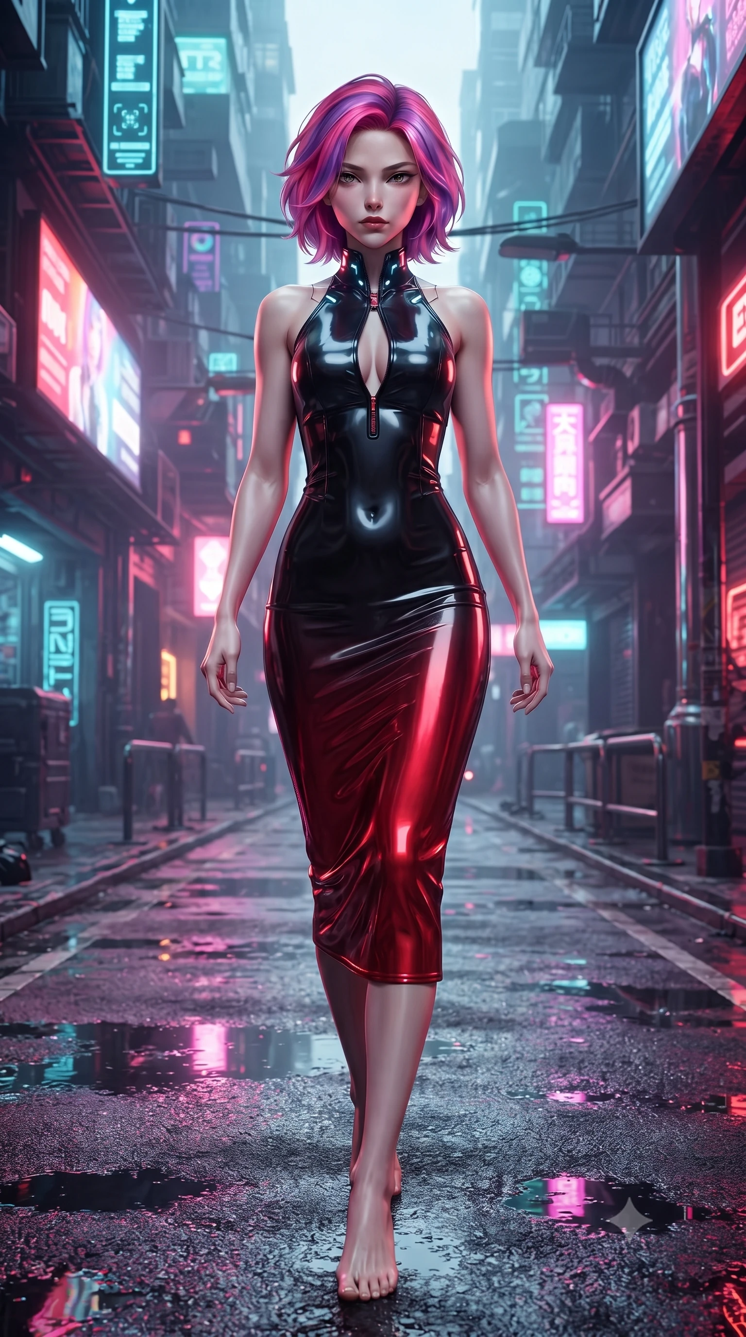 score_9, masterpiece, best quality, ultra-detailed, high-budget anime keyframe, editorial fashion photography, tasteful artistic composition, Caucasian woman. low angle full-body shot from head to toe showing her feet, filling the entire 9:16 vertical frame with her statuesque presence, stretching her vertical silhouette. striding forward in a proud, statuesque motion with a dangerous smolder, her vertical silhouette dominating the frame from head to toe while pivoting dynamically on reflective wet asphalt as vibrant neon billboard lights ripple across puddles. The surrounding environment is rendered in vivid detail and crisp panoramic clarity. intricate cyber-alley architecture, glowing data glyphs, and chrome pillar reflections in high clarity. She has an absolutely perfect, statuesque 8.5-heads proportion, an exceptionally tall and slender model-like female figure with impossibly long slender legs and an ultra-slim waist. sharp v-shaped jawline, high-bridge nose, intricate jewel-like eyes with depth, thick eyelashes, glossy lips with a natural sheen, flawlessly proportioned anatomical accuracy, natural body alignment, perfectly sculpted elegant limbs, clean dynamic posture without body distortion. wearing a velvet halter-neck midi dress fitting her statuesque contour flawlessly with a Tasteful chest slit and open spine in glossy obsidian black and radiant crimson red, made of liquid metal jersey that clings flawlessly to every contour of her build, featuring a dangerously unzipped neckline framed by glowing cybernetic accents, the form-contouring second-skin material highlighting her ultra-slim waist and long lines. illuminated by glistening rain highlights and high-contrast editorial flash lighting. ultra-reflective glossy finish, specular highlights, metallic sheen, high-contrast stereoscopic depth, volumetric dynamic lighting, 2k, ultra detail, master piece, 9:16 ratio