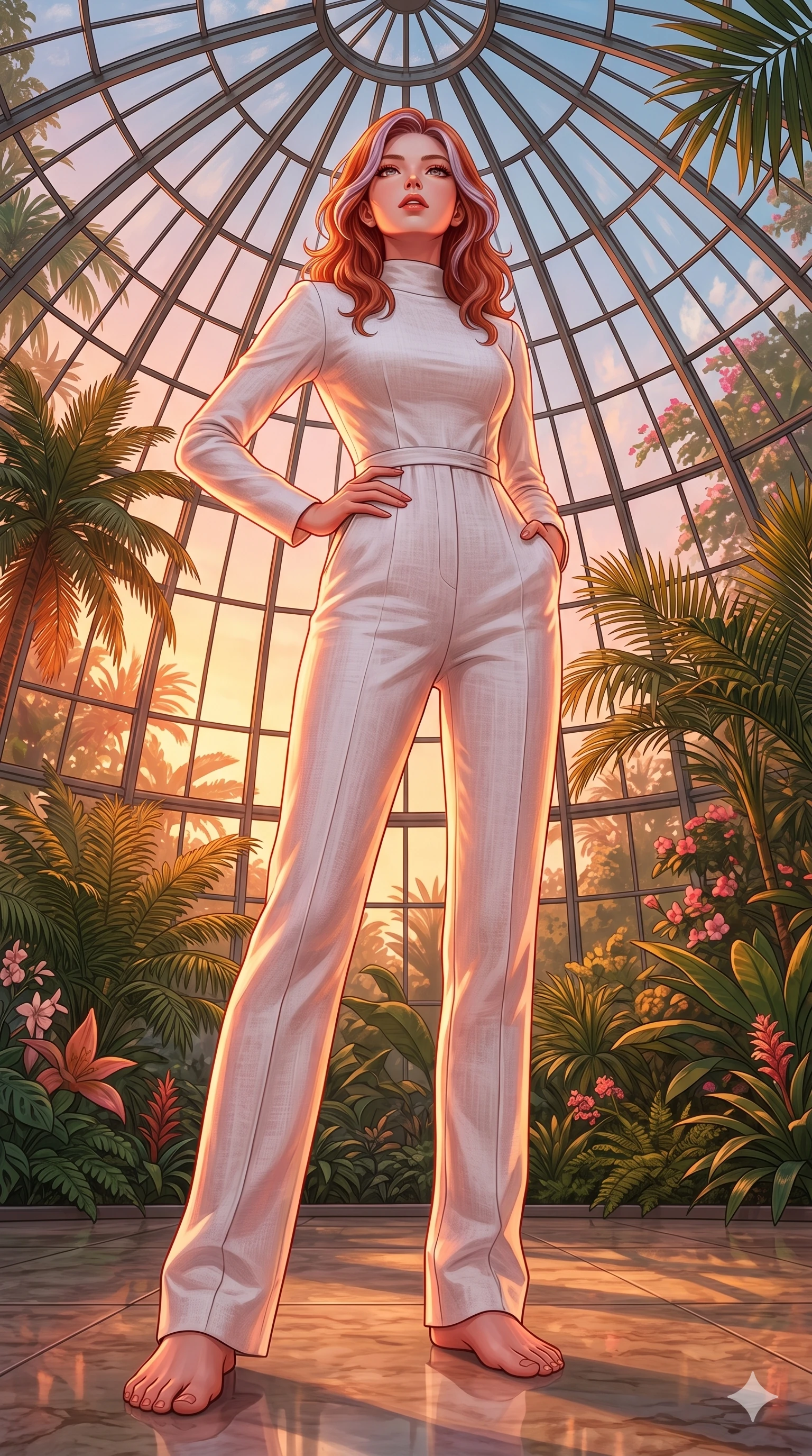 score_9, masterpiece, best quality, ultra-detailed, high-budget anime keyframe, editorial fashion photography, tasteful artistic composition, Caucasian woman, strictly human ears. low angle full-body shot from head to toe showing her feet, filling the entire 9:16 vertical frame with her statuesque presence, stretching her vertical silhouette. tilting her head back slightly with a confident and powerful expression, her lips parted in the sun in a tropical greenhouse under a dome of clear glass and warm sunlight (Code-P19-048). She has an absolutely perfect 8-heads proportion, an exceptionally tall and slender female figure with impossibly long slender legs and an ultra-slim waist. V-shaped jawline, high-bridge nose, intricate jewel-like eyes with depth, thick eyelashes, glossy lips with a natural sheen. wearing a modern high-neck resort jumpsuit with long sleeves in white linen. bathed in warm, golden sunset light, casting a beautiful orange-pink glow on her skin. 2k, ultra detail, master piece, 9:16 ratio