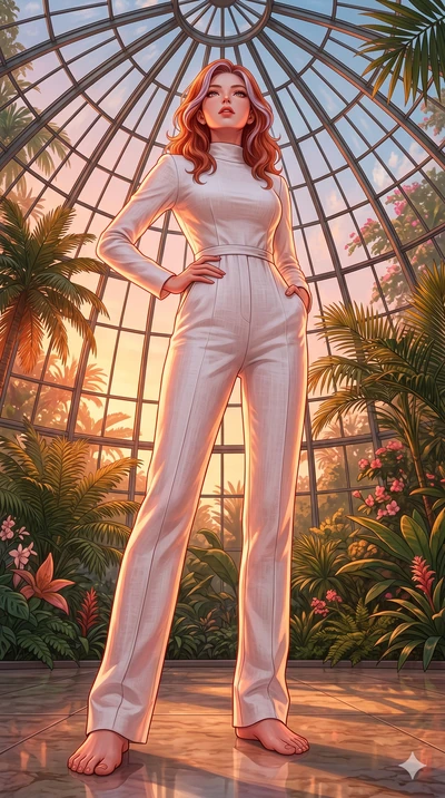 score_9, masterpiece, best quality, ultra-detailed, high-budget anime keyframe, editorial fashion photography, tasteful artistic composition, Caucasian woman, strictly human ears. low angle full-body shot from head to toe showing her feet, filling th