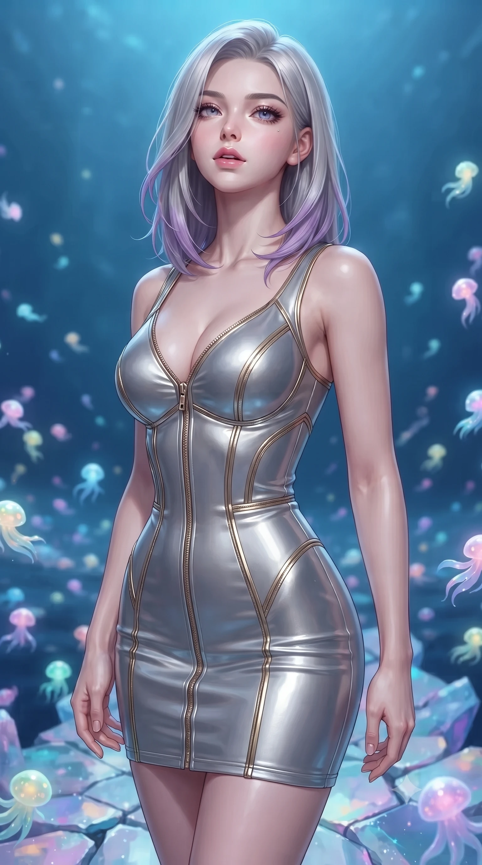 score_9, masterpiece, best quality, ultra-detailed, high-budget anime keyframe, editorial fashion photography, tasteful artistic composition, Caucasian woman. close-up cowboy shot from the waist and thighs up, the character dominates the composition, filling the frame with her large presence, background elements kept in soft focus. Tilting her chin up slightly with lips parted in a composed, magnetic expression, poised on an opal crystal walkway surrounded by floating luminescent sea-spirits, dramatic contrast of luminous pastel creatures against a serene deep blue background. She has an exceptionally elegant, slender, and willowy female figure with an ultra-slim waist, a gracefully sculpted slender torso, and a refined silhouette. sharp v-shaped jawline, high-bridge nose, intricate jewel-like eyes with depth, thick eyelashes, glossy lips with a natural sheen. wearing precision-fitted bodycon dress in high-gloss liquid pearl vinyl in metallic silver, made of liquid mercury jersey, finished with metallic gold boning and sleek zipper points, highlighting her statuesque proportions and ultra-slim waistline. illuminated by soft opal bioluminescence and radiant pastel inner glow. highly saturated vibrant anime colors, detailed shading with soft gradients, rich glossy textures, high-contrast stereoscopic depth, volumetric dynamic lighting, master piece, 9:16 ratio