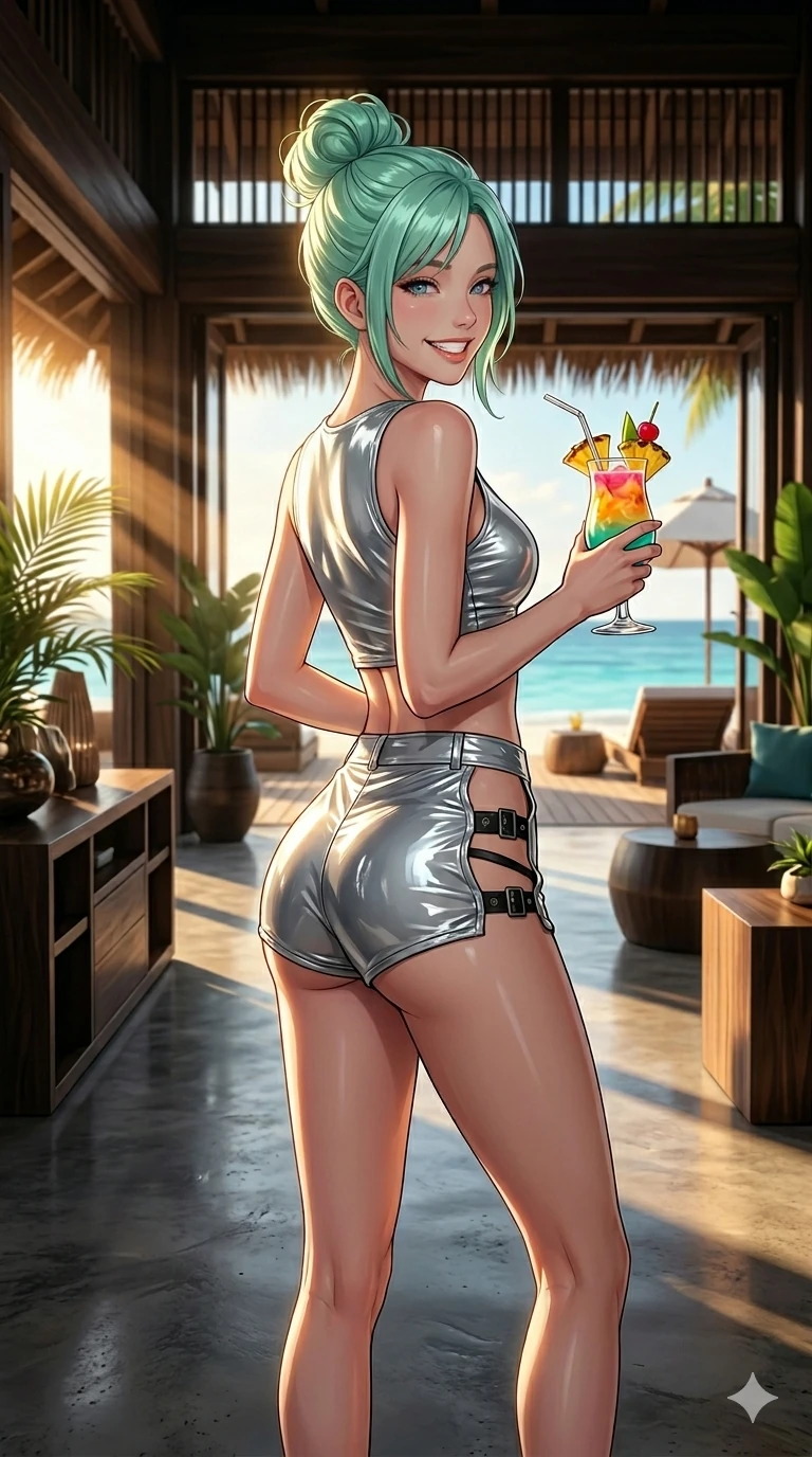 score_9, masterpiece, best quality, ultra-detailed, high-budget anime keyframe, editorial fashion photography, tasteful artistic composition, Japanese woman. cowboy shot from the thighs up, character and outfit filling the frame for maximum editorial presence. holding a tropical drink, looking back with a bright, playful grin and a sultry half-smile inside a luxury beach club lounge with modern wooden decor. She has an absolutely perfect 8-heads proportion, an exceptionally tall and slender female figure with impossibly long slender legs and an ultra-slim waist. V-shaped jawline, high-bridge nose, intricate jewel-like eyes with depth, thick eyelashes, glossy lips with a natural sheen. wearing a wet-look silver vinyl crop top and high-waisted shorts with side cutouts and straps. bathed in warm afternoon sunbeams streaming through the open lounge front. 2k, ultra detail, master piece, 9:16 ratio