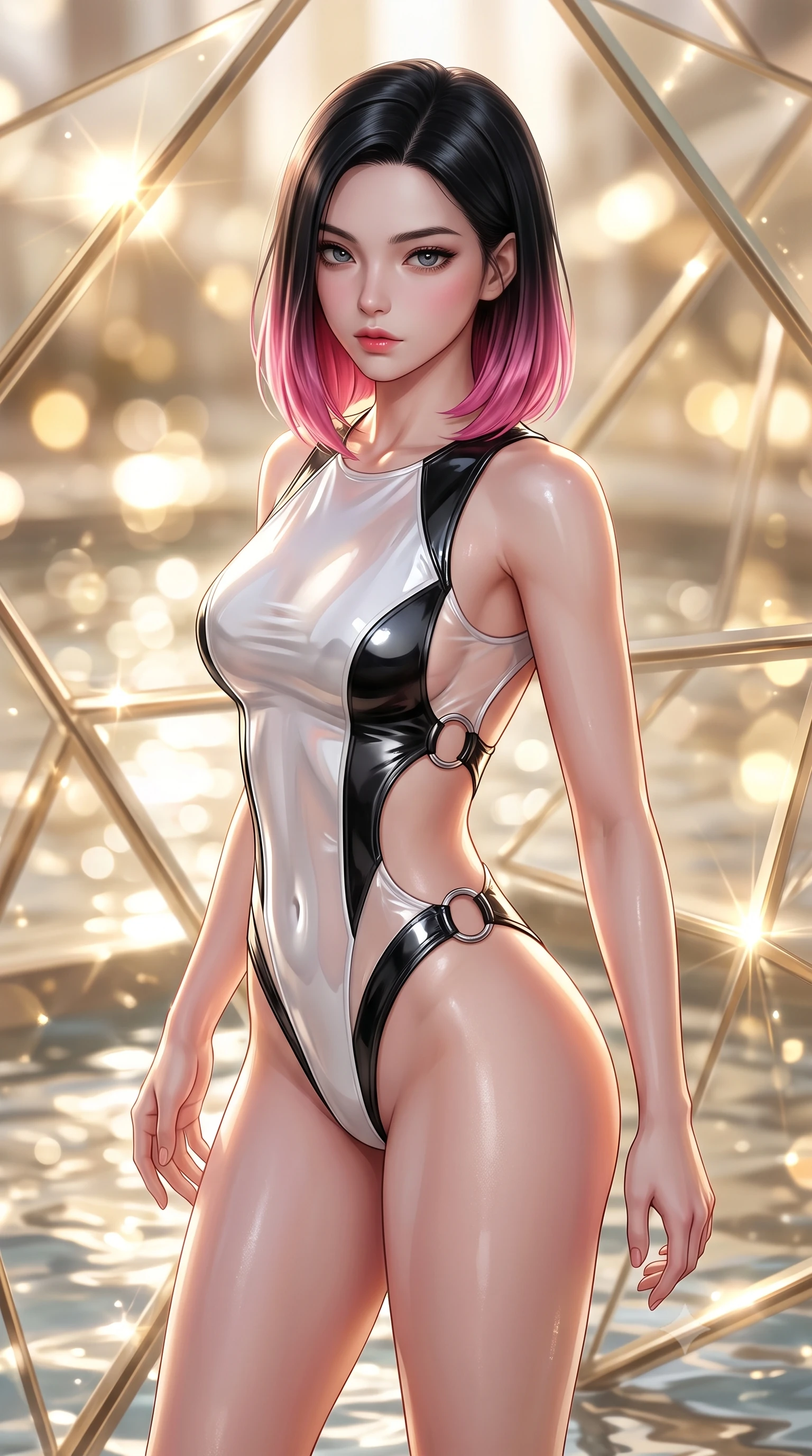 score_9, masterpiece, best quality, ultra-detailed, high-budget anime keyframe, semi-realistic 3D game render, editorial fashion photography, tasteful artistic composition, Korean woman. close-up cowboy shot from the waist and thighs up, the character dominates the composition, filling the frame with her large presence. gazing directly into the lens with bedroom eyes and a breathtaking, dangerous allure that commands the entire composition while pivoting dynamically amidst geometric champagne-tinted glass panels reflecting sparkling sunbursts. The composition keeps background elements in soft focus with creamy bokeh. champagne-tinted glass reflections and shimmering water surfaces blurred into glowing golden bokeh. She has an exceptionally elegant, slender, and willowy female figure with an ultra-slim waist, a gracefully sculpted slender torso, toned flat midriff, and a refined slim silhouette. sharp v-shaped jawline, high-bridge nose, intricate jewel-like eyes with depth, thick eyelashes, glossy lips with a natural sheen, flawlessly proportioned anatomical accuracy, strict slender model proportions, natural body alignment, perfectly sculpted long slender limbs, ultra-slim waistline, clean dynamic posture without body distortion. wearing a high-cut translucent vinyl leotard with front paneling, exposed side-rib cutouts, and an open back in high-gloss monochrome white and sharp black contrast, made of liquid metal jersey that clings flawlessly to every contour of her build, detailed with polished silver rings connecting the daring side-waist cutouts, the liquid-tight tailored fabric emphasizing every curve of her tall, slender model proportions and sculptured silhouette during dynamic movement. illuminated by clear directional key light with brilliant specular highlights on glass and water. highly saturated vibrant anime colors, detailed shading with soft gradients, rich glossy textures, high-contrast stereoscopic depth, volumetric dynamic lighting, master piece, 9:16 ratio