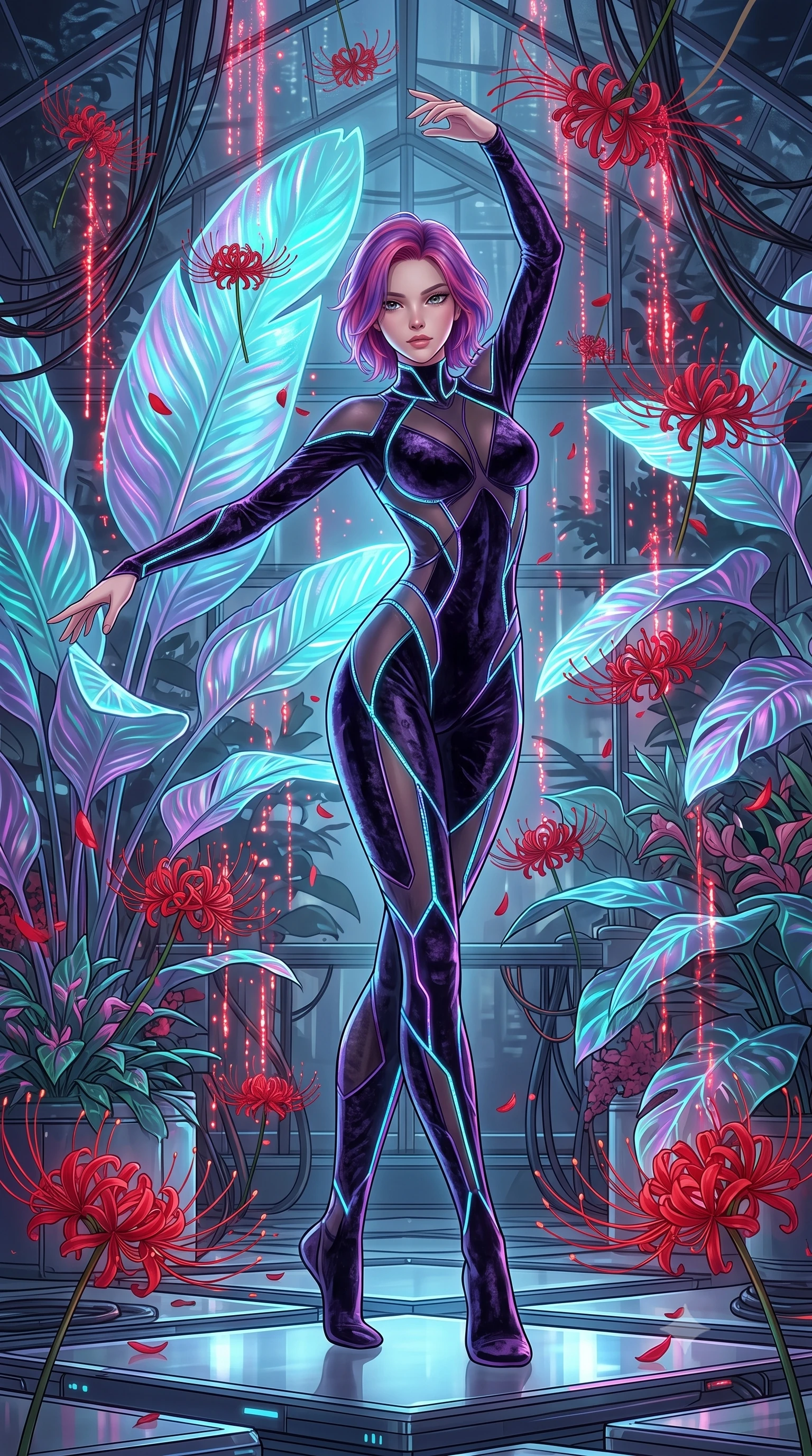 score_9, masterpiece, best quality, ultra-detailed, High-budget Anime Keyframe, Caucasian woman, strictly human ears. Dynamic full-body shot stretching the vertical silhouette to the limit. Scenario 261: dancing amidst falling red spider lilies inside a cybernetic greenhouse filled with giant glowing tropical leaves. Her presence is magnetic and overpowering in this high-budget anime scene. Outfit 261: a form-contouring crushed dark velvet second with a sheer panels and glowing LED seams. The clothing is designed to emphasize her exceptionally tall and slender 8-heads proportion. 8-heads proportion, towering silhouette, ultra-slim waist. sharp v-shaped jawline, intricate jewel-like eyes with depth, thick eyelashes, glossy lips. 2k, ultra detail, master piece, 9:16 ratio