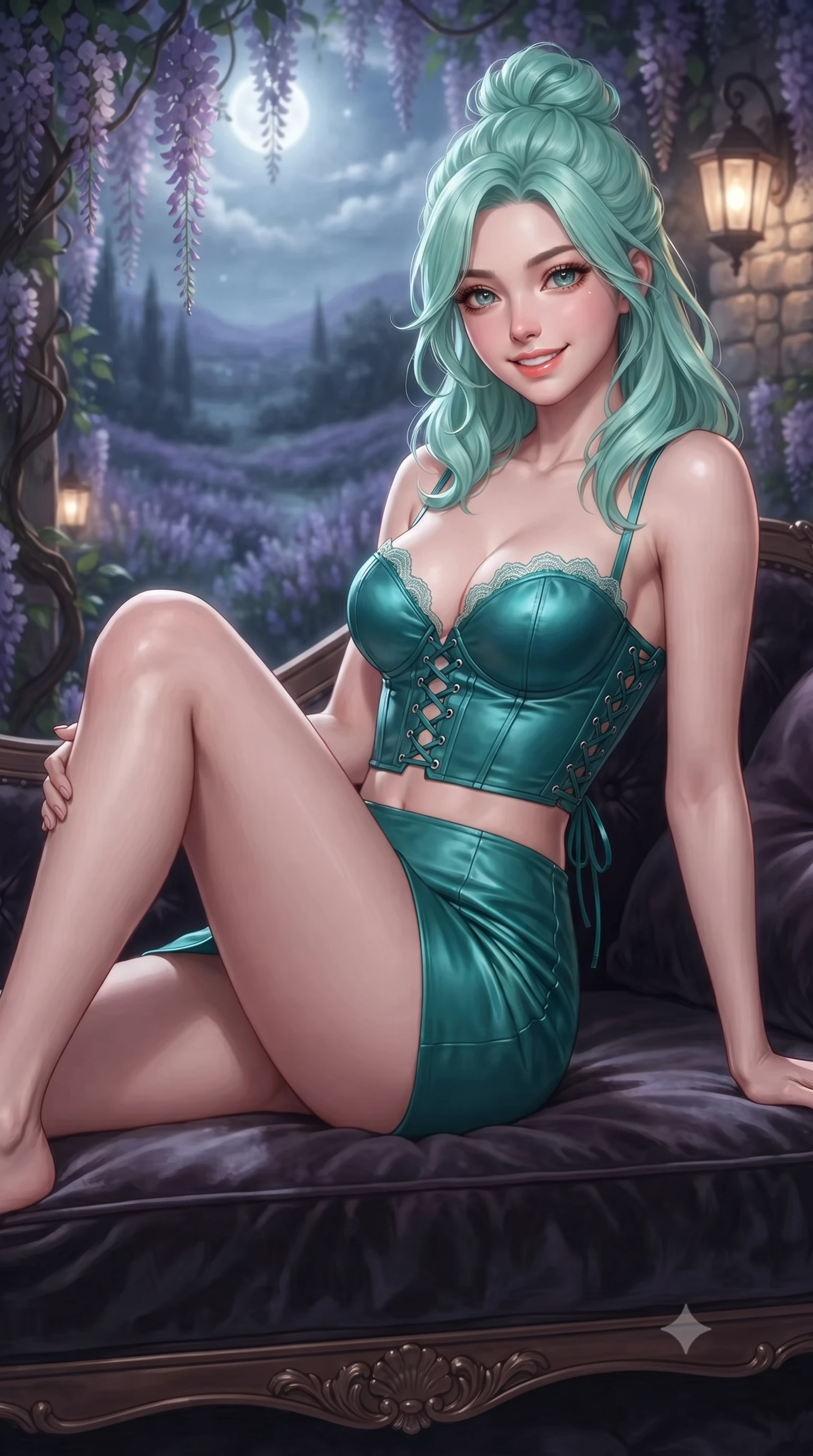 score_9, masterpiece, best quality, ultra-detailed, high-budget anime keyframe, editorial fashion photography, tasteful artistic composition, Japanese woman. close-up cowboy shot from the waist and thighs up, the character dominates the composition, filling the frame with her large presence. perched sideways on the lounge seat, one knee drawn up to showcase her slender leg line while her arched back accentuates her feminine hip curve while reclining gracefully across the plush daybed with legs extended, flashing an enchanting, flirtatious smile toward the lens. The background shows a soft-focus wisteria vines softened in romantic Provençal midnight shallow focus. She has an exceptionally elegant, slender, and willowy female figure with an ultra-slim waist, flat toned midriff, narrow ribcage, and sculpted feminine hips creating an alluring, slim hourglass silhouette without bulk. sharp v-shaped jawline, high-bridge nose, intricate jewel-like sparkling eyes with depth, thick eyelashes, glossy parted lips with a natural peach sheen, bright cheerful beaming smile with an enchanting and coquettish sensual glint, exuding both youthful cute charm and seductive allure, flawlessly proportioned anatomical accuracy, strict slender model proportions, natural body alignment, perfectly sculpted long slender limbs, ultra-slim waistline, clean dynamic posture without body distortion. wearing a sculpted satin underwire crop bustier with lace-up side ties paired with a micro skirt in Verdon canyon emerald turquoise and dewy alabaster, woven from buttery-soft stretch lambskin leather adhering to her body like a second skin, finished with scalloped eyelash lace trim framing her sweetheart neckline with intimate elegance, the second-skin tailored fabric adhering flawlessly to her sculpted flat midriff and slender torso, emphasizing her long leg lines and perfectly proportioned willowy build. bathed in ethereal silver 4500K moonlight illuminating the lavender valley combined with warm 2400K stone wall lanterns. ultra-reflective glossy finish, specular highlights, rich textural contrasts, high-contrast stereoscopic depth, volumetric dynamic lighting, 2k, ultra detail, master piece, 9:16 ratio