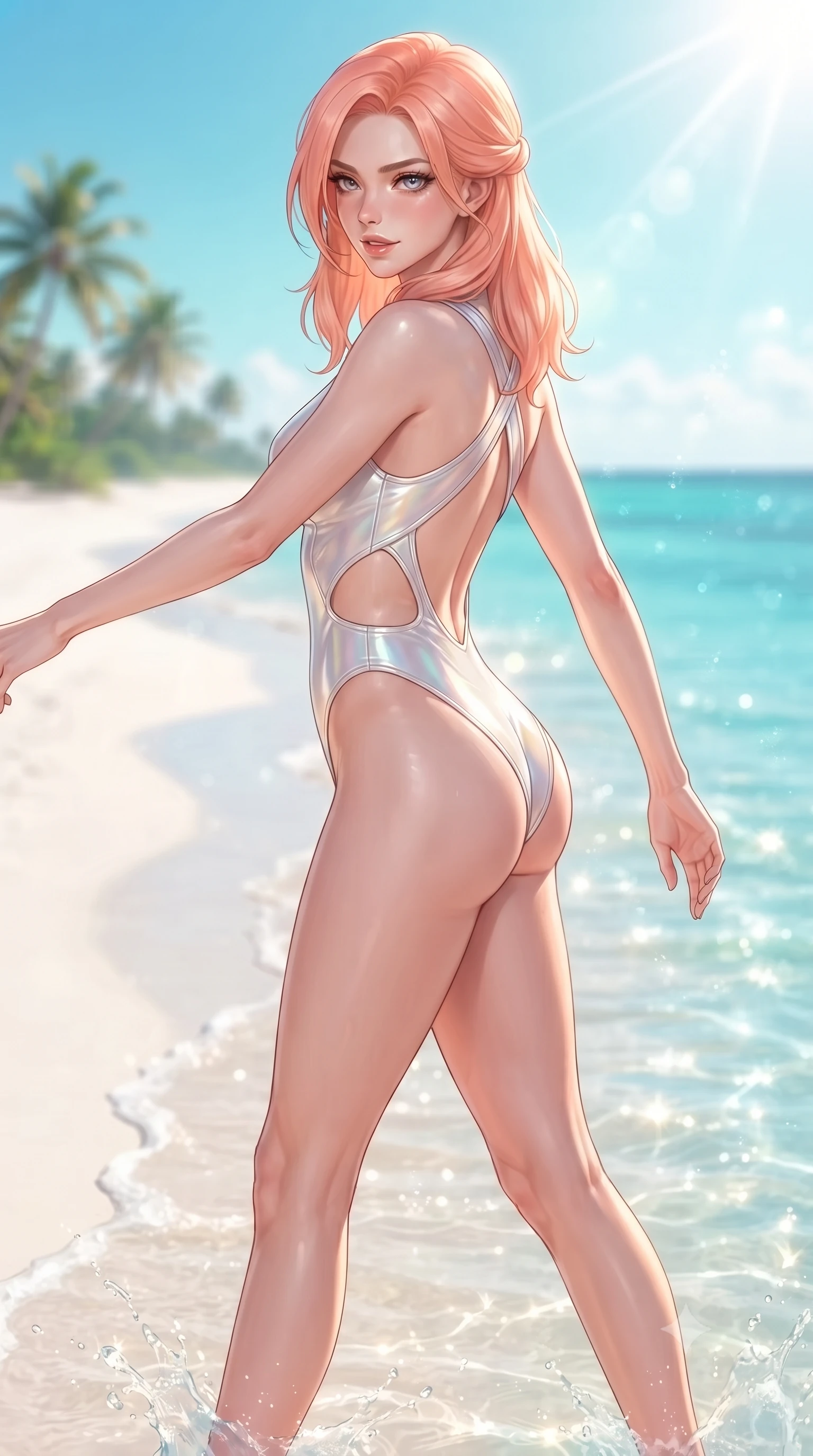 score_9, masterpiece, best quality, ultra-detailed, high-budget anime keyframe, editorial fashion photography, tasteful artistic composition, Japanese woman. close-up cowboy shot from the waist and thighs up, the character dominates the composition, filling the frame with her large presence. stretching forward with an alluring arch of her spine, glancing over her shoulder with thick eyelashes and a smoldering half-smile while stepping along a pristine white sand sandbar as shallow emerald lagoon waves lap gently at her feet. The composition keeps background elements in soft focus with creamy bokeh. warm tropical sunbeams refracting through sea spray into a soft, glowing backdrop. She has an exceptionally elegant, slender, and willowy female figure with an ultra-slim waist, a gracefully sculpted slender torso, toned flat midriff, and a refined slim silhouette. sharp v-shaped jawline, high-bridge nose, intricate jewel-like eyes with depth, thick eyelashes, glossy lips with a natural sheen, flawlessly proportioned anatomical accuracy, strict slender model proportions, natural body alignment, perfectly sculpted long slender limbs, ultra-slim waistline, clean dynamic posture without body distortion. wearing a high-cut translucent vinyl leotard with front paneling, exposed side-rib cutouts, and an open back in glistening liquid pearl white with rainbow opalescence, made of liquid metal jersey that clings flawlessly to every contour of her build, complemented by criss-cross back straps highlighting her completely bare spine, the precision-cut daring openings accentuating her delicate midriff, graceful bare collarbones, and ultra-slim feminine waistline. bathed in dazzling tropical morning sunlight and glittering ocean water caustics. ultra-reflective glossy finish, specular highlights, metallic sheen, high-contrast stereoscopic depth, volumetric dynamic lighting, 2k, ultra detail, master piece, 9:16 ratio