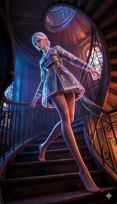 score_9, masterpiece, best quality, ultra-detailed, semi-realistic 3D game render, high-fidelity textures, Unreal Engine 5 style, Caucasian (strictly human ears) woman. Dynamic full-body shot stretching the vertical silhouette with extreme perspectiv