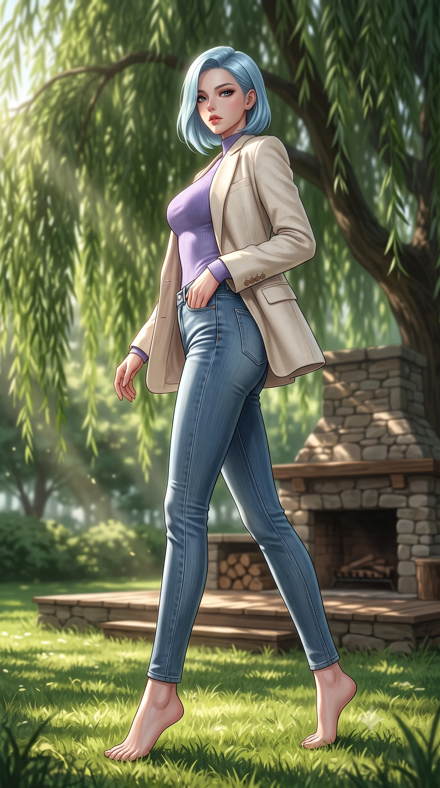 score_9, masterpiece, best quality, ultra-detailed, high-budget anime keyframe, editorial fashion photography, tasteful artistic composition, Korean woman. low angle full-body shot from head to toe showing her feet, filling the entire 9:16 vertical frame with her statuesque presence, stretching her vertical silhouette. stepping gracefully while looking back over her shoulder, her dress draped tightly to reveal her silhouette the background shows a soft-focus a rustic stone fireplace deck under a large weeping willow tree in a private park. She has an absolutely perfect, statuesque 8.5-heads proportion, an exceptionally tall and slender model-like female figure with impossibly long slender legs and an ultra-slim waist. sharp v-shaped jawline, high-bridge nose, intricate jewel-like eyes with depth, thick eyelashes, glossy lips with a natural sheen. wearing a slim-fit tight-fitting lavender knit bodysuit worn under a tailored open blazer and jeans. dappled sunbeams filtering through the willow leaves onto the grass. ultra-reflective glossy finish, specular highlights, metallic sheen, high-contrast stereoscopic depth, volumetric dynamic lighting, 2k, ultra detail, master piece, 9:16 ratio