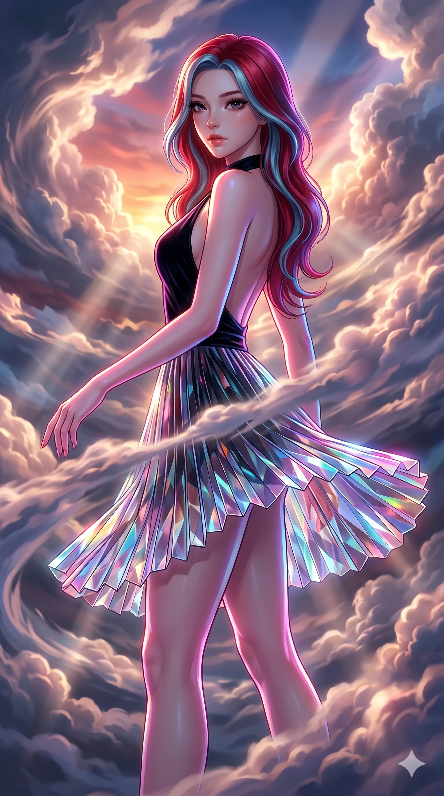 score_9, masterpiece, best quality, ultra-detailed, high-budget anime keyframe, Japanese woman. upper body close-up from the thighs up, character filling the screen for maximum presence. threading through a volumetric cloud weave where storm clouds are spun like silk thread under a dramatic sunset glow. She has an absolutely perfect 8-heads proportion, an exceptionally tall and slender female figure with impossibly long slender legs and an ultra-slim waist. V-shaped jawline, high-bridge nose, intricate jewel-like eyes with depth, thick eyelashes, glossy lips with a natural sheen.. wearing a fractal glass pleated skirt and a backless black velvet halter neck top, creating a dramatic and elegant silhouette. bathed in brilliant cinematic volumetric lighting and intense neon rim light highlighting her slender form. 2k, ultra detail, master piece, 9:16 ratio
